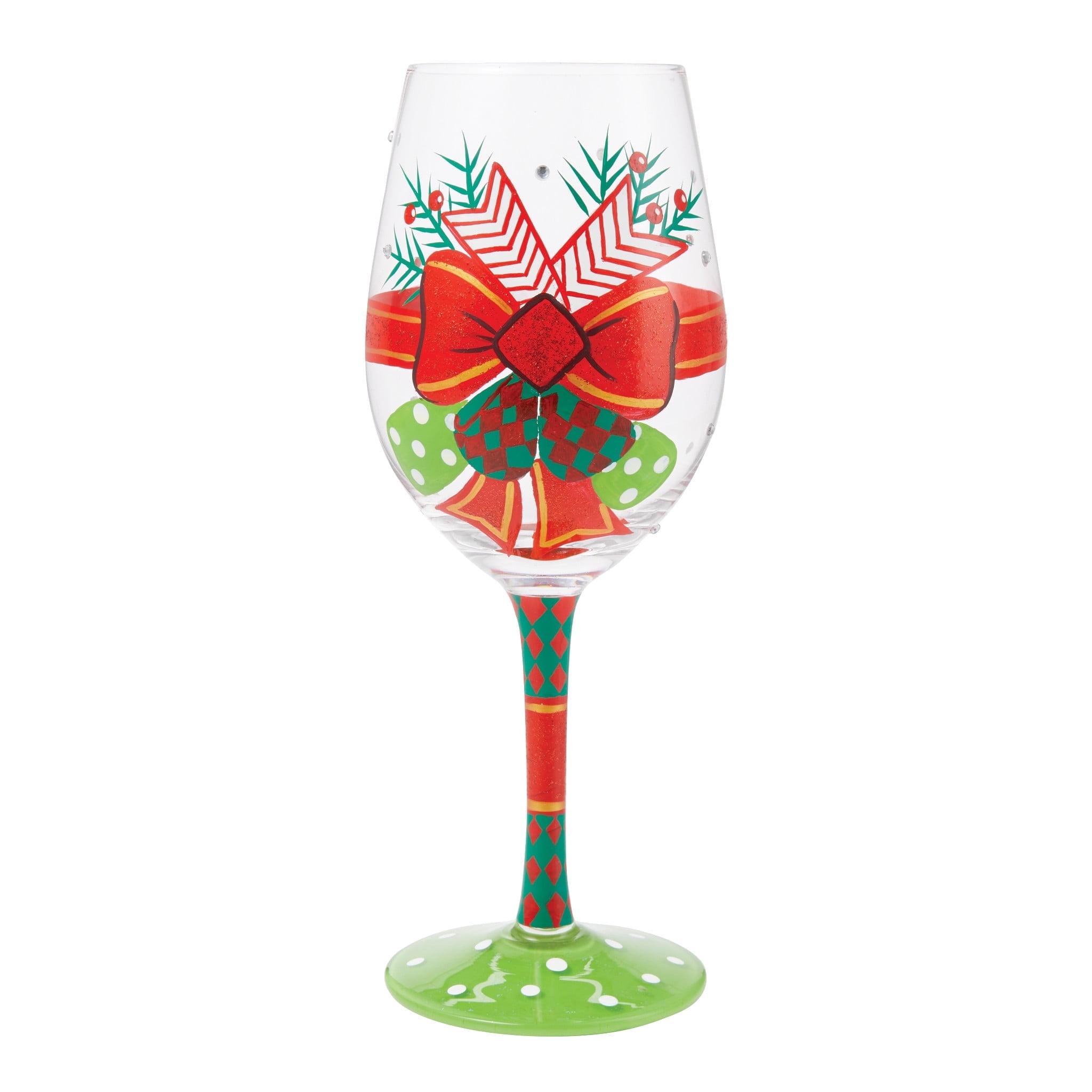 Lolita Hand-Painted Christmas Bow Wine Glass, 15 Ounce