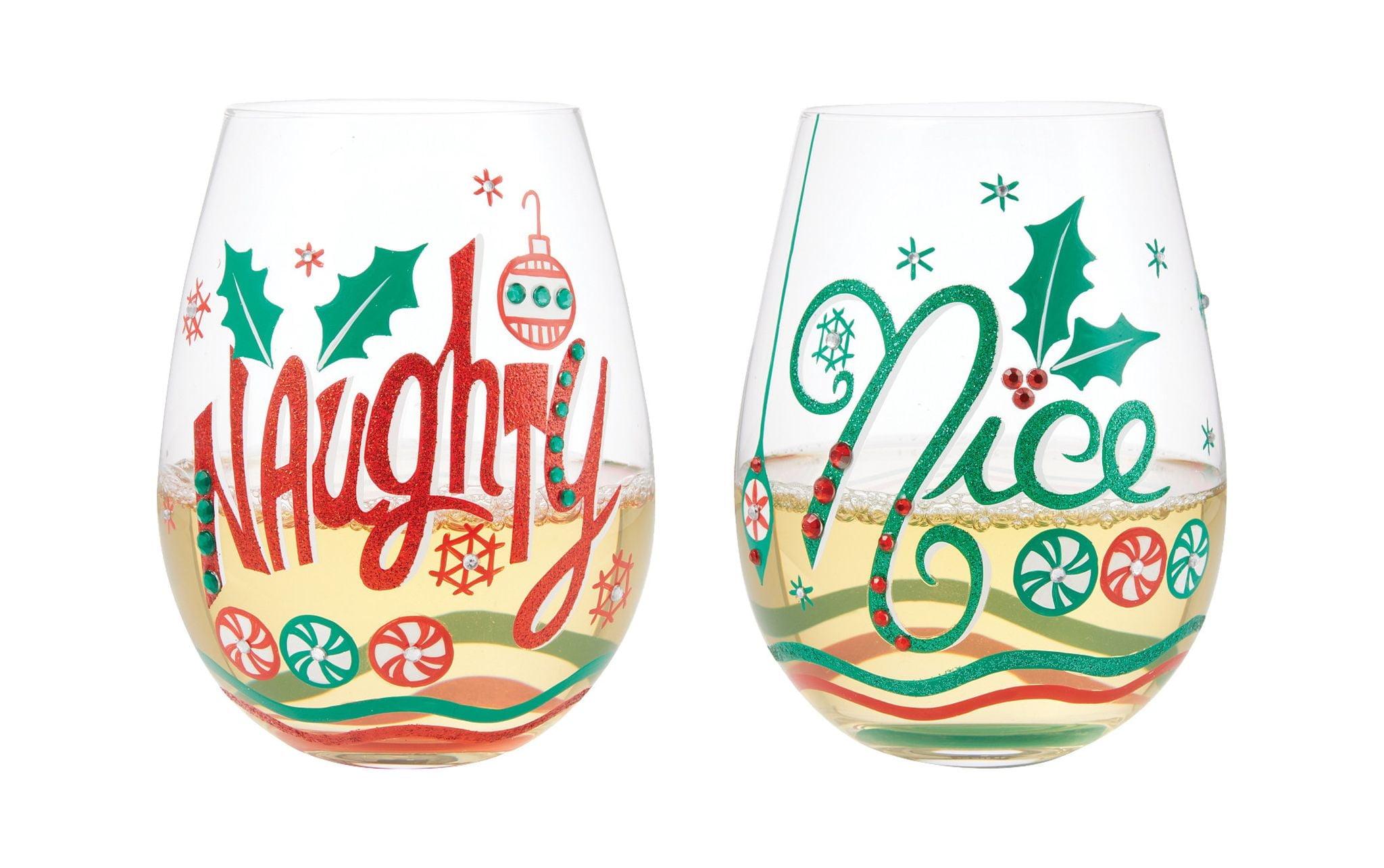 Naughty & Nice Hand-Painted Christmas Stemless Wine Glass Set