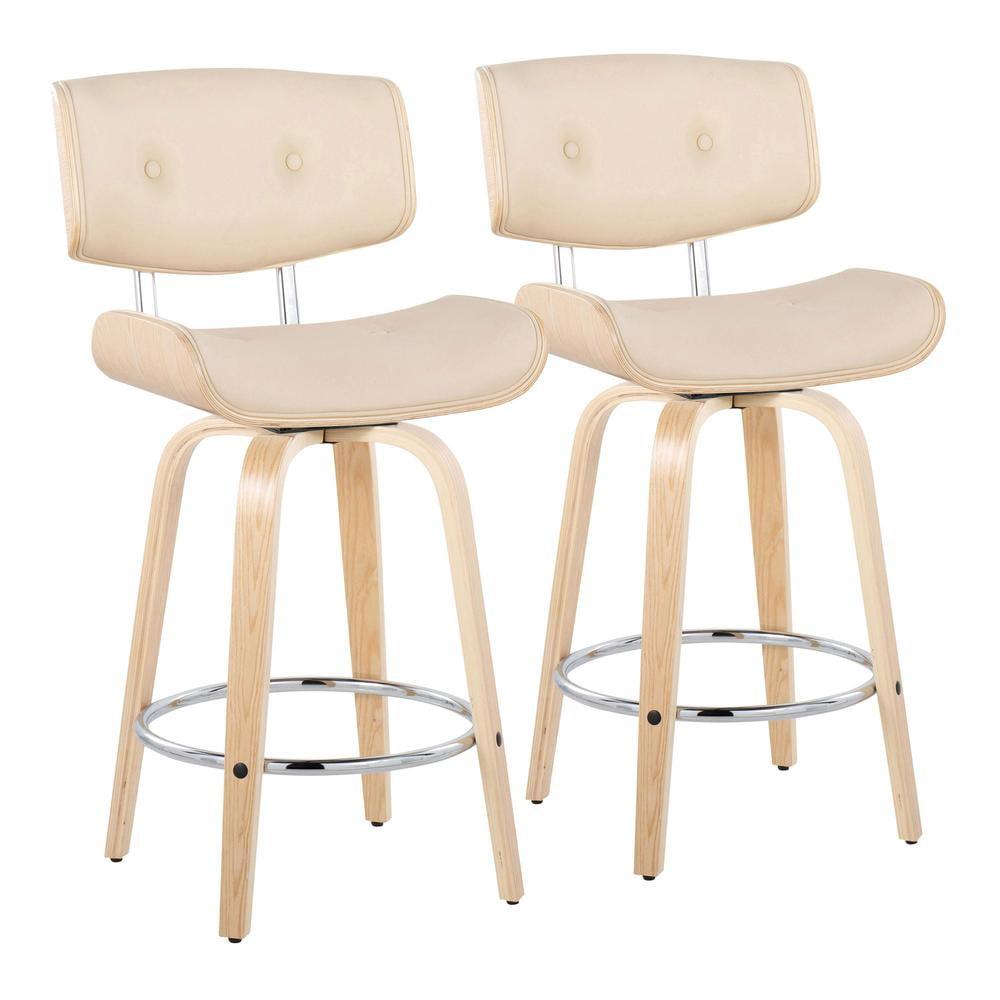 Set of 2 Lombardi Counter Height Barstools Natural/Chrome/Cream: Mid-Century Design, Faux Leather, Wood Frame - LumiSource