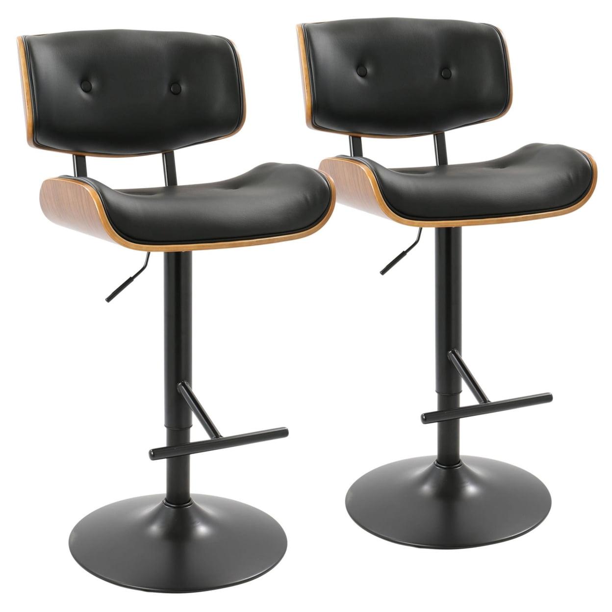 Set of 2 Lombardi Mid-Century Barstools: Swivel, Walnut Accents, Faux Leather - Lumisource