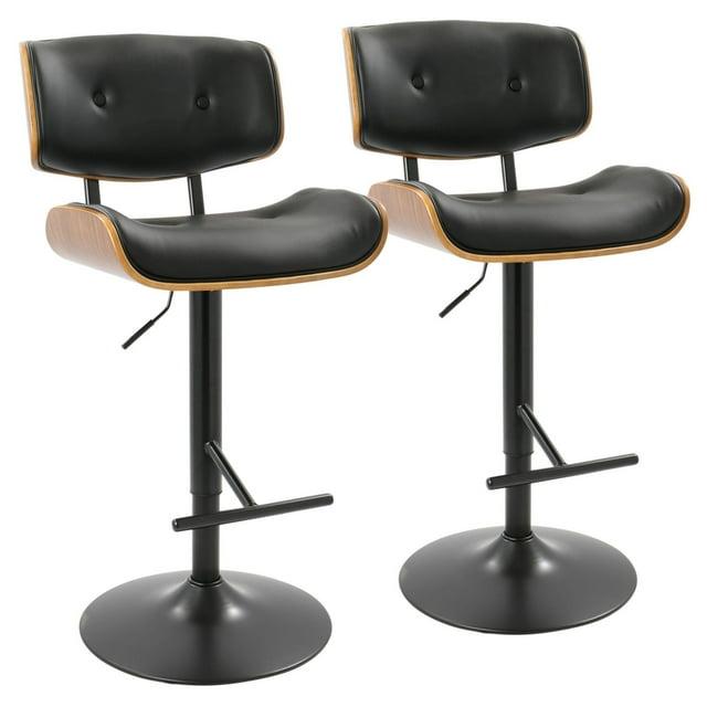 Set of 2 Lombardi Mid-Century Barstools: Swivel, Walnut Accents, Faux Leather - Lumisource