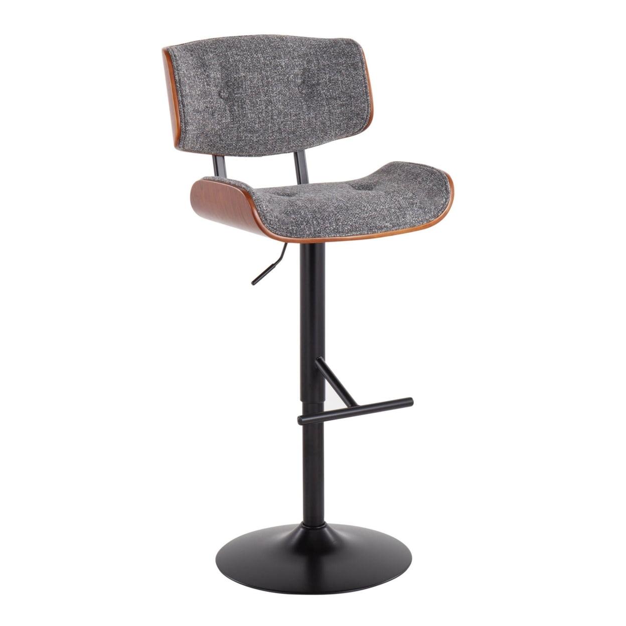 Lombardi Mid-Century Modern Barstool In Black Metal And Grey Noise Fabric With Walnut Wood Accent