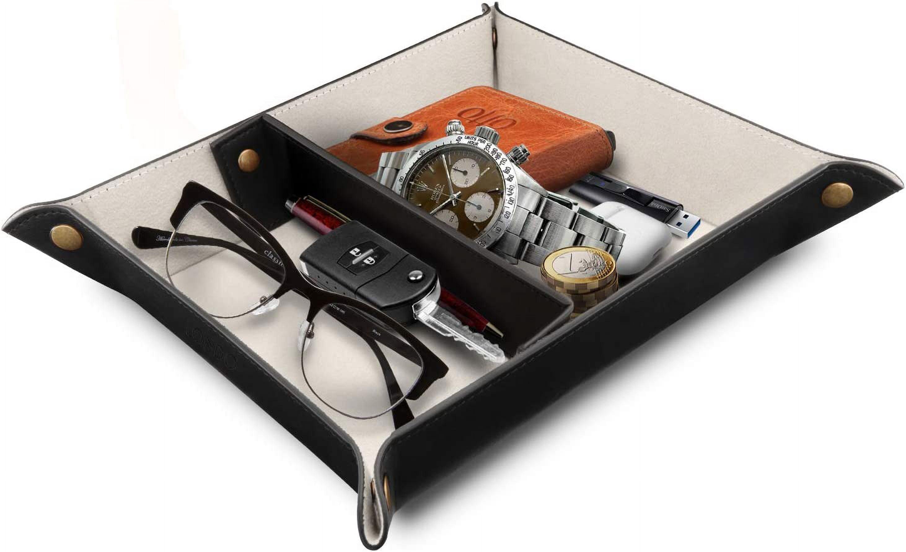 Londo Leather Tray Organizer, Practical Storage Box for Wallets, Watches, Keys, Coins, Cell Phones and Office Equipment