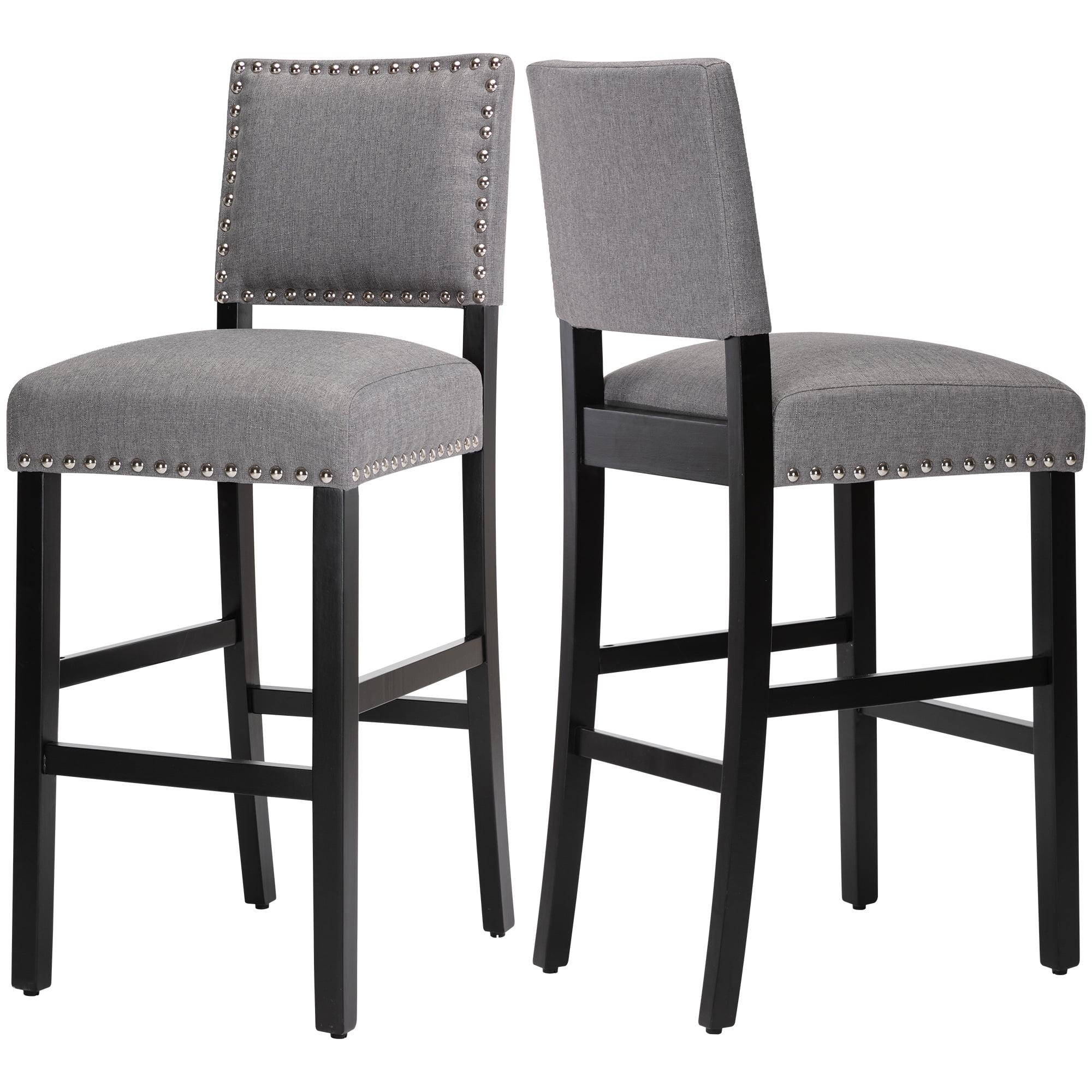 Counter Height Fabric Upholstered Barstools with Silver Nailhead Trim in Gray, Set of 2