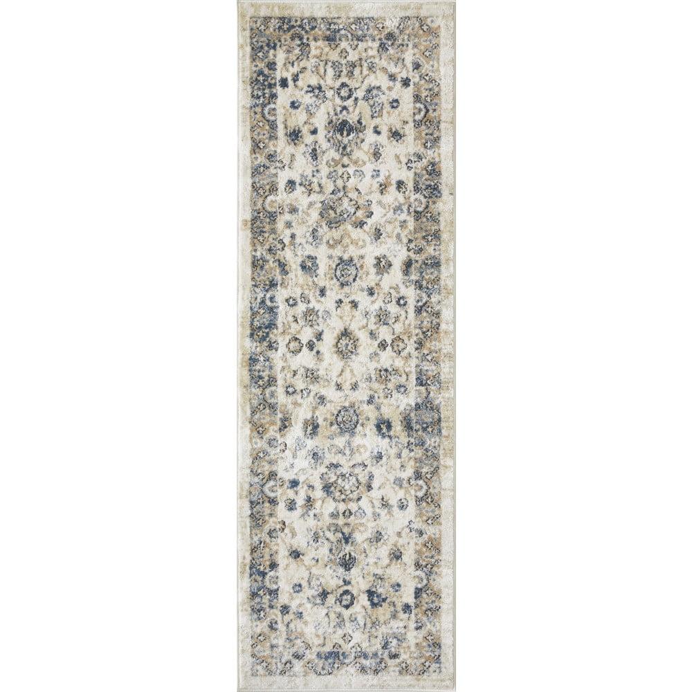 Ivory and Blue Floral Medium Pile Runner Rug