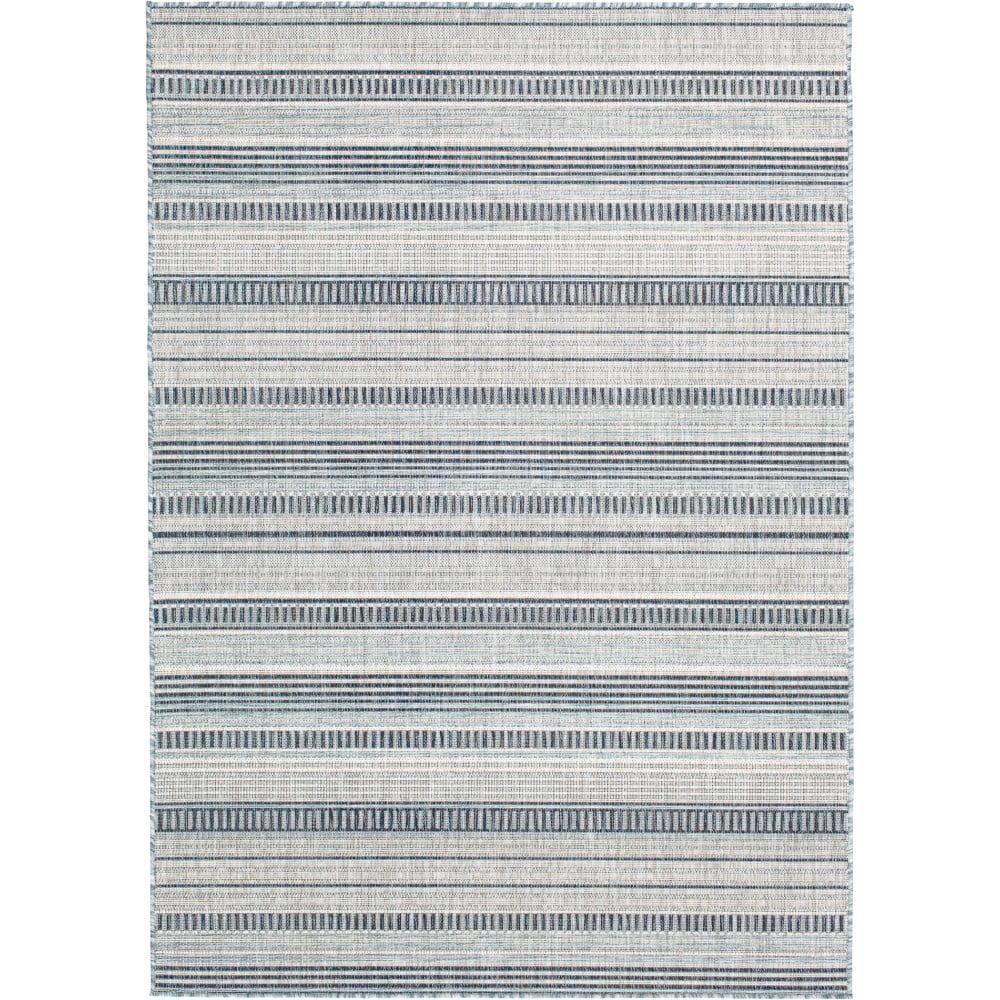 Blue and White Striped Synthetic 5' x 7' Area Rug