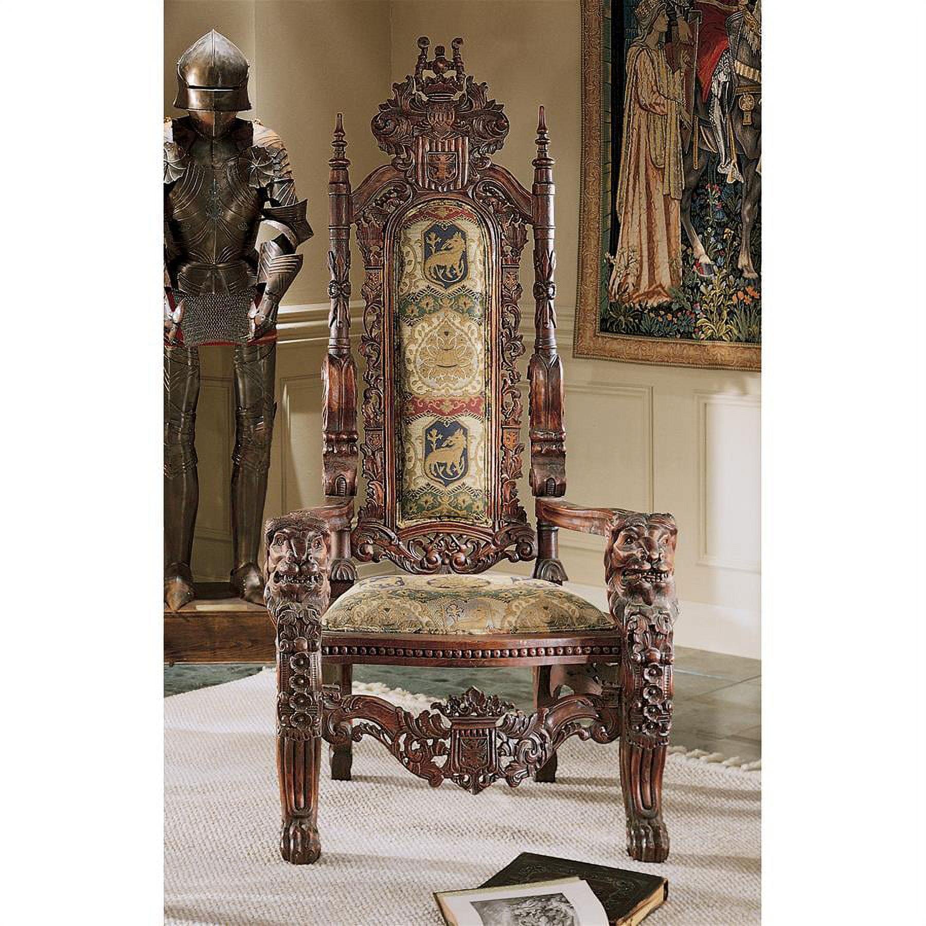 Regal Majesty Hand-Carved Mahogany Throne Chair with Heraldic Upholstery