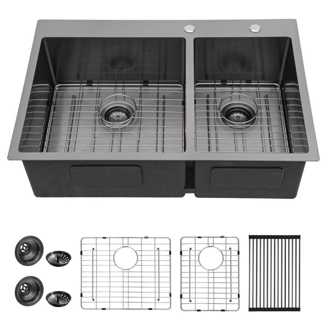 Lordear  16 Gauge Top Mount Gunmetal Black Double Bowl Stainless Steel Kitchen Sink - 33x22x960/40