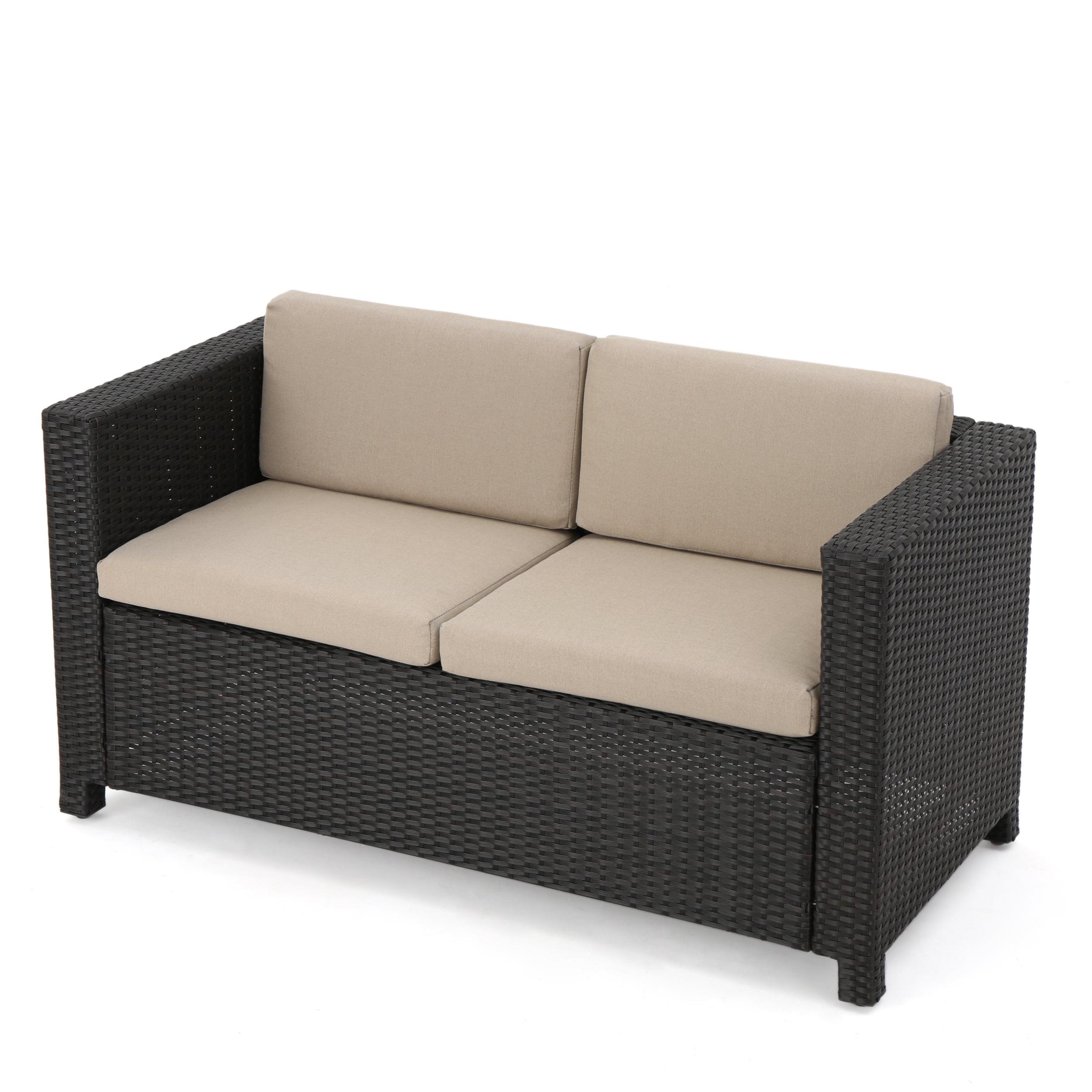 Lorelei Outdoor Wicker Loveseat with Cushions, Dark Brown and Beige
