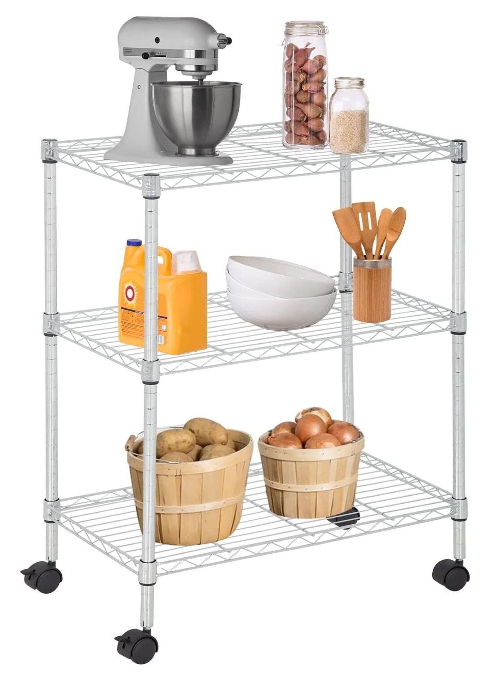 Bestoffice 3 Tier Wire Shelving 23x13 x32 Layer Storage Shelves with Wheels for Small Places,Chrome