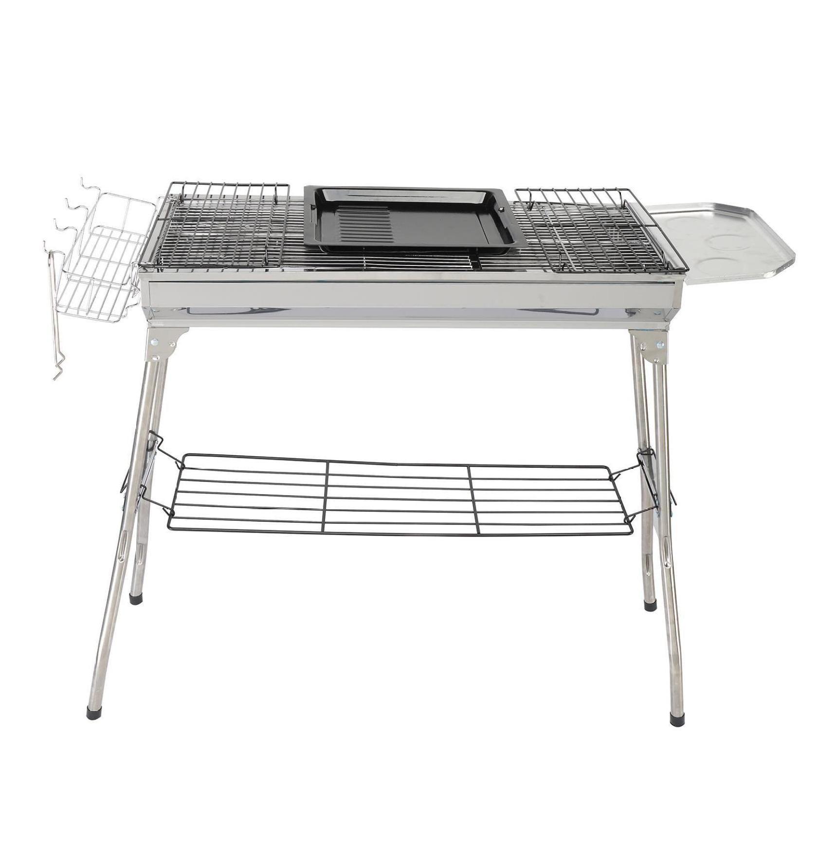 Portable Charcoal Grill Stainless Steel Foldable Cooking Kabob Barbecue Grill with Storage Shelf and Enameled Grill Pan, Outdoor BBQ Grill for Camping Hiking Picnics Beach Party(39.37x12.2x27.95inch)