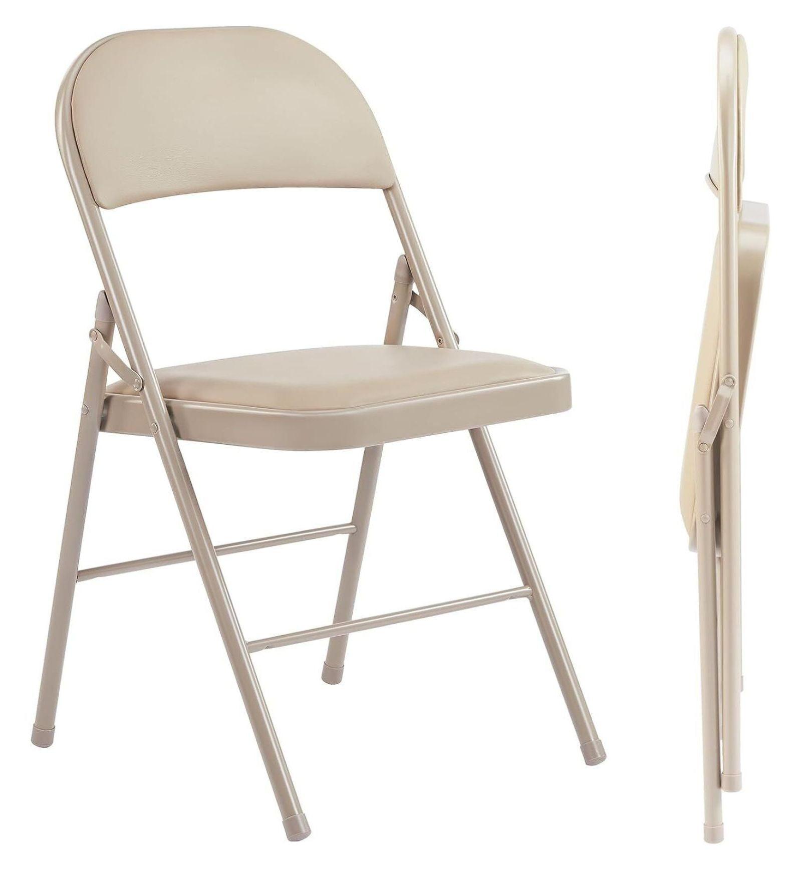 Khaki Armless Leather Metal Frame Folding Chairs, Set of 4
