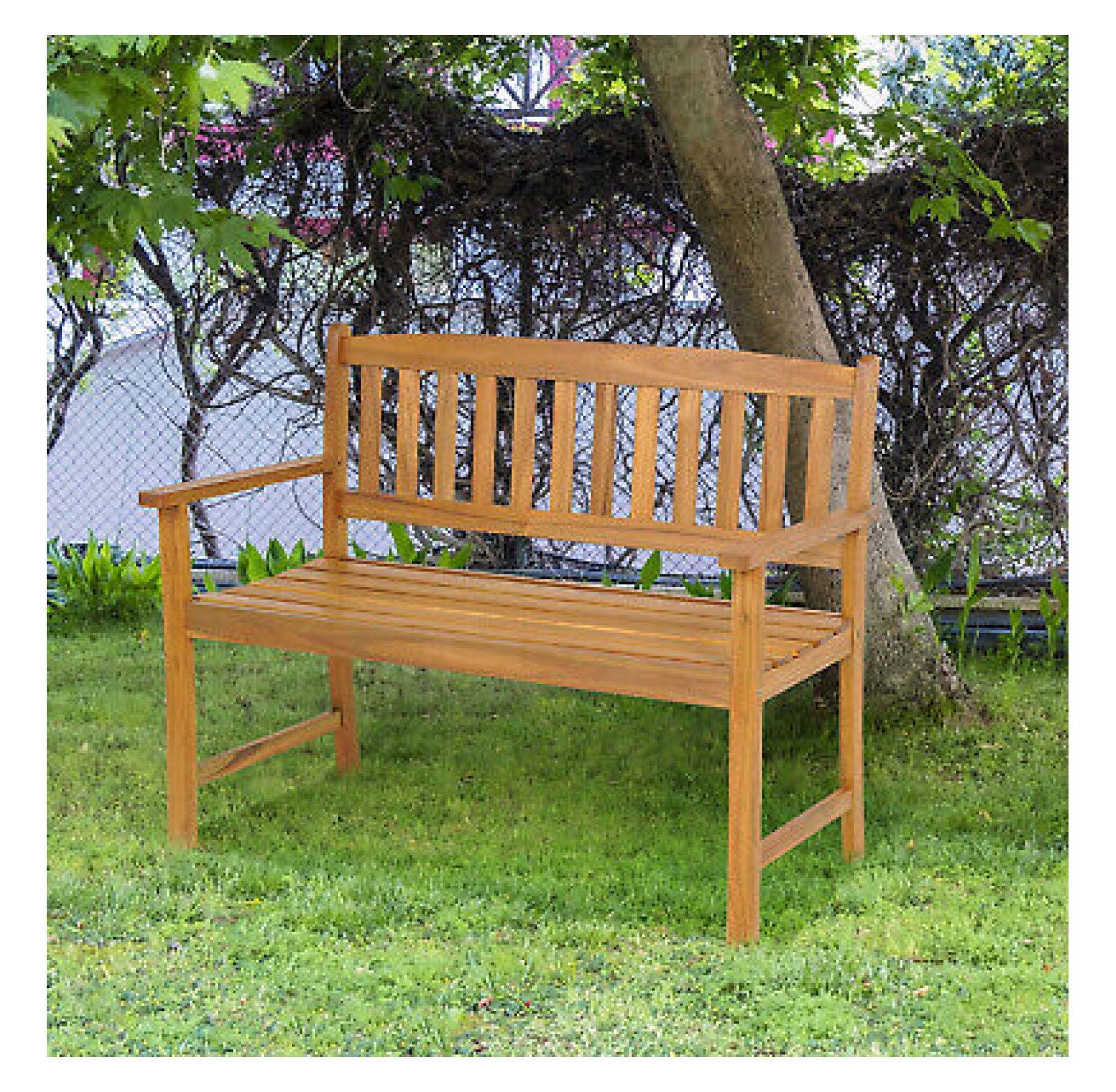 Natural Acacia Wood 2-Person Outdoor Bench with Armrests