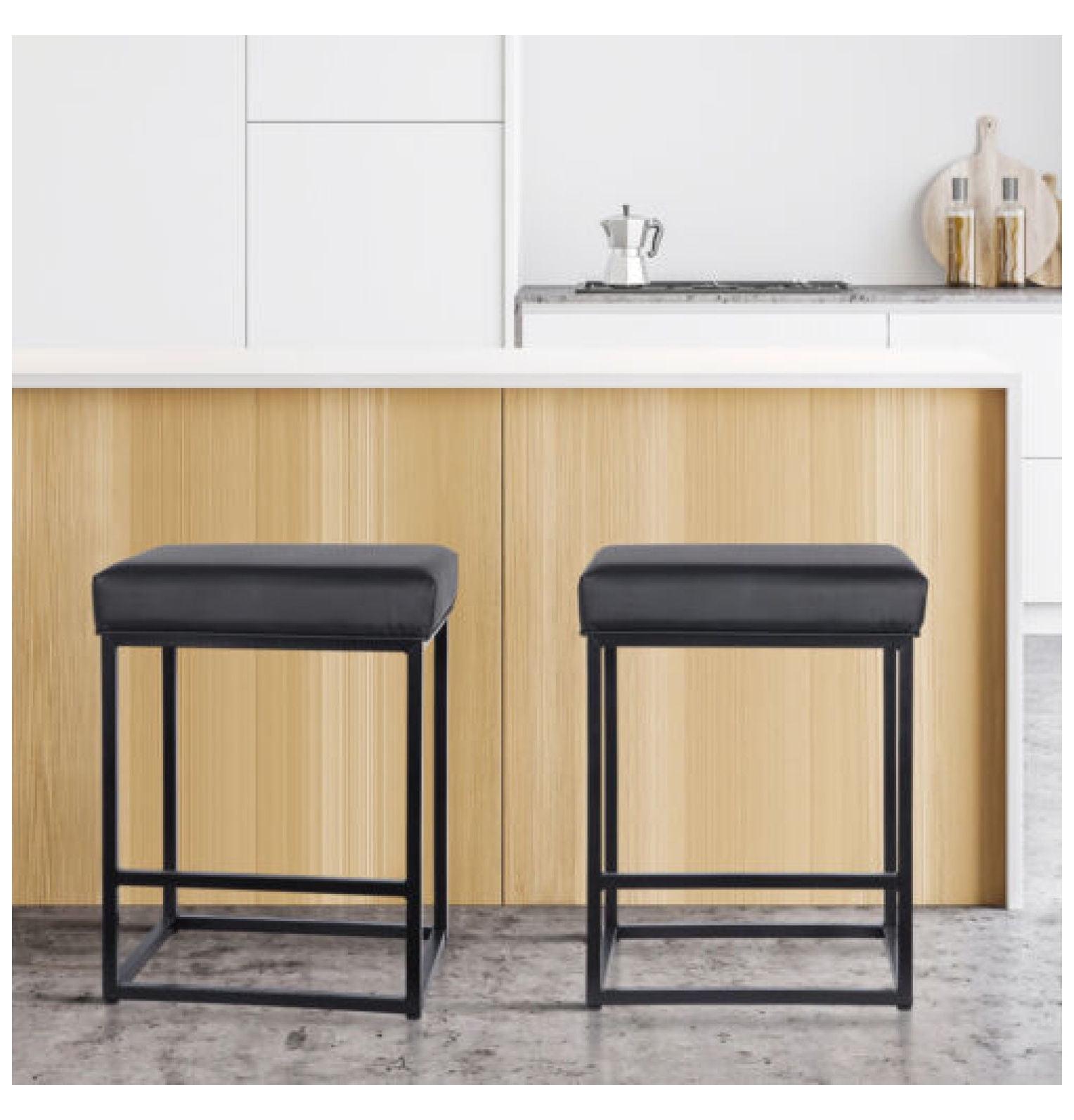 Black Faux Leather and Metal Backless Counter Stools, Set of 2