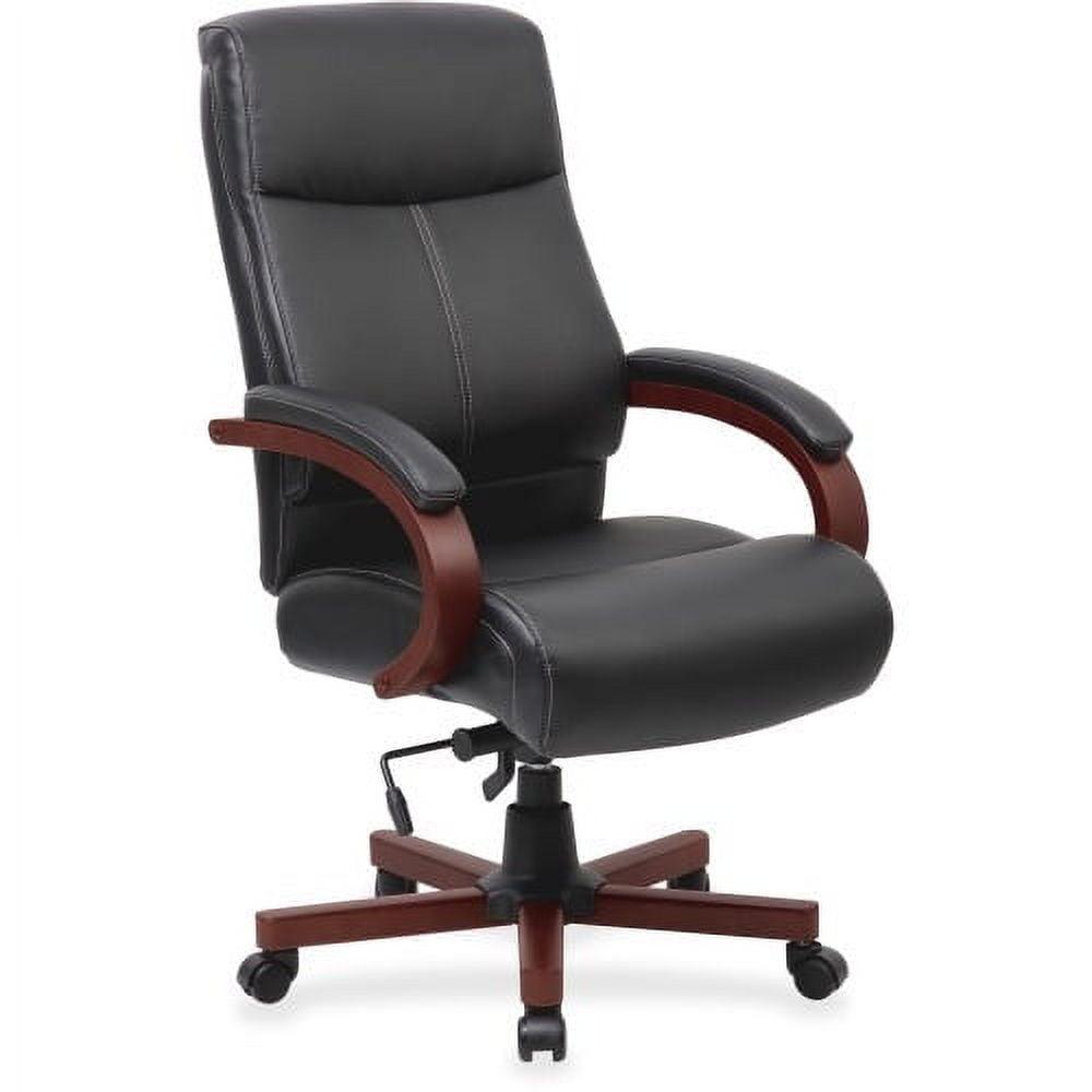 Lorell Executive High-Back Wood Finish Office Chair - Black Bonded Leather Seat - Black Bonded Leather Back - High Back - Black, Mahogany - 1 Each