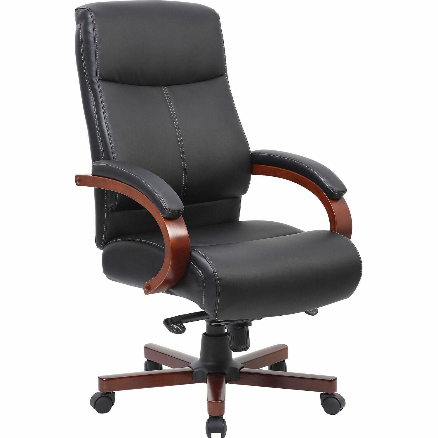 High Back Black Leather Executive Swivel Chair with Cherry Wood Finish