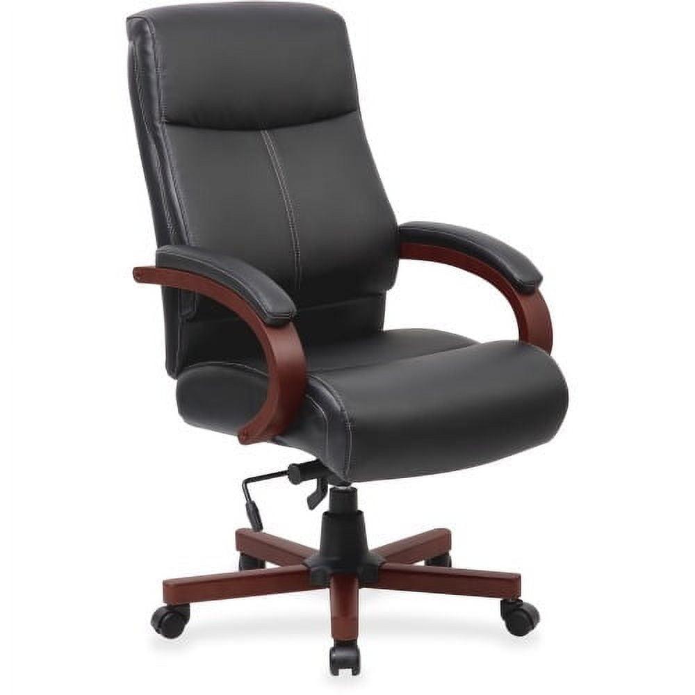 High Back Black Leather Executive Swivel Chair with Mahogany Finish