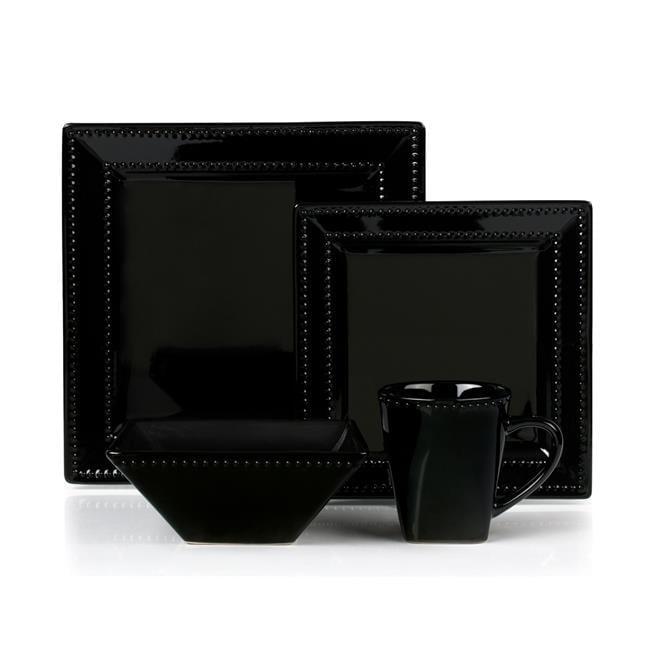 Lorren Home Trends 16 Piece Square Beaded Stoneware Dinnerware set, service for 4, Black