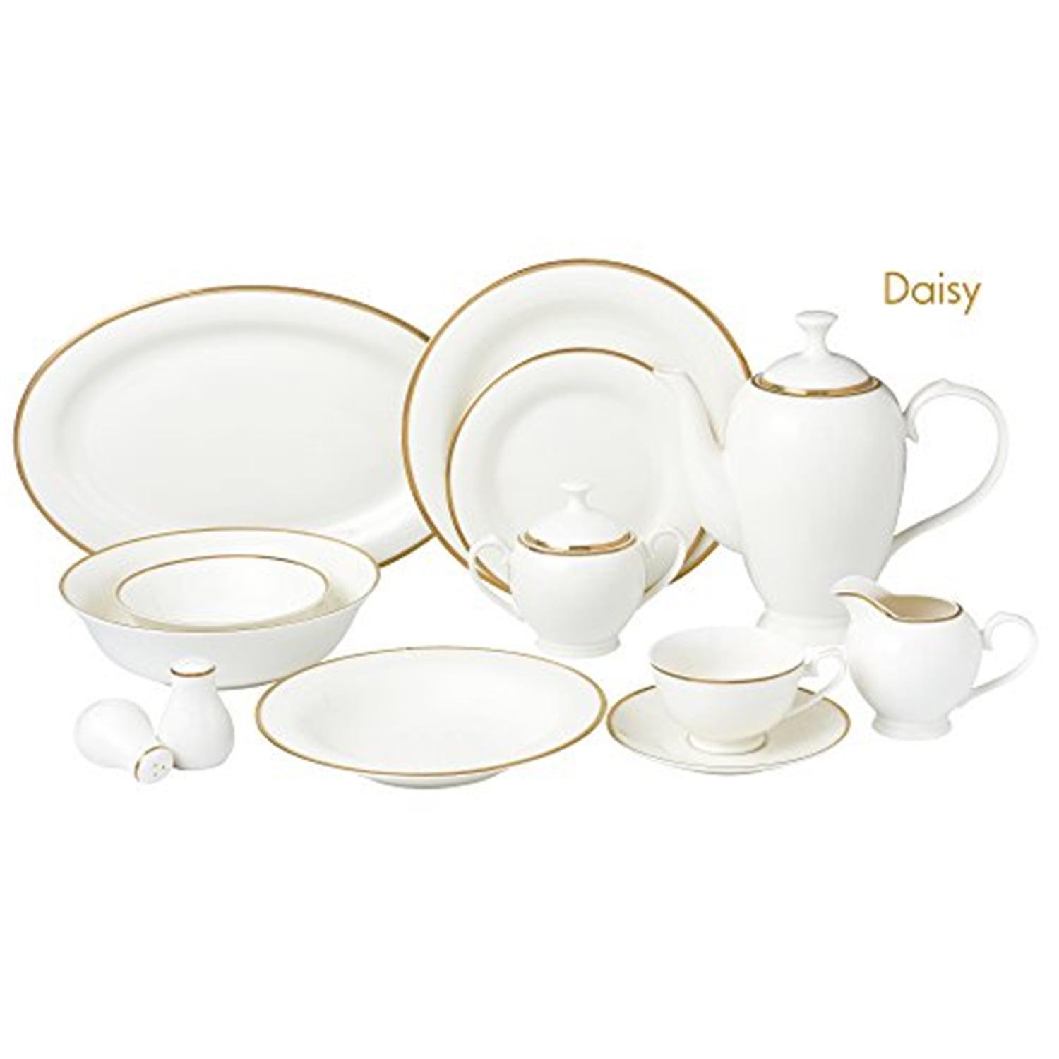 Lorren Home Trends Daisy-57 57 Piece Dinnerware Set-Bone China Service for 8 People-Daisy, One Size, White