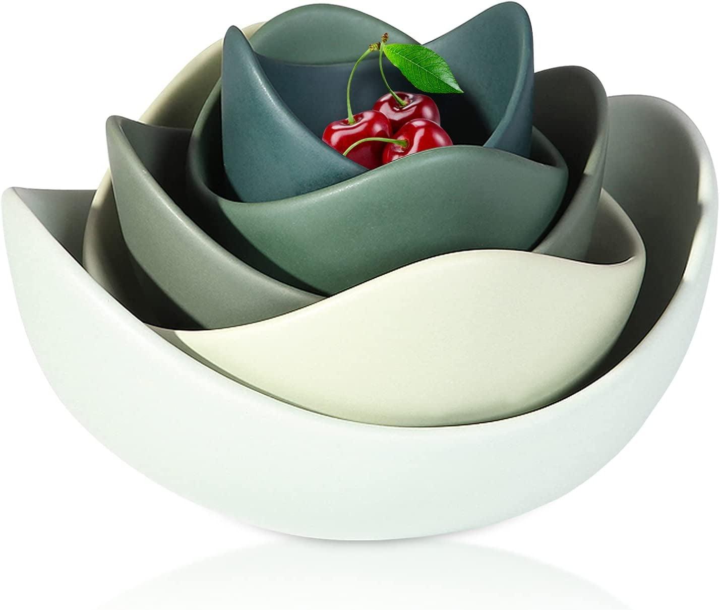 Handcrafted Porcelain Lotus Shaped Serving Bowls, Set of 5