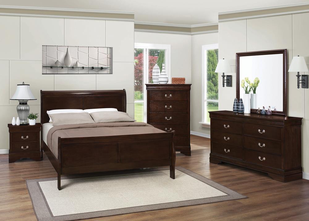 Cappuccino Queen Sleigh Bed with Wood Frame and Headboard