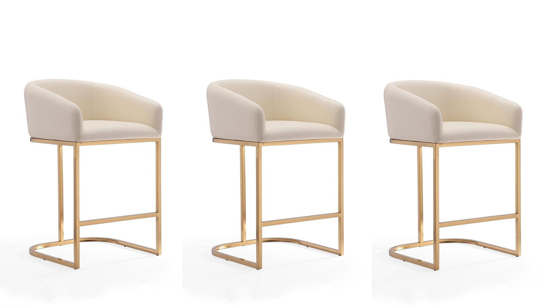 Manhattan Comfort Set of 3 Louvre Upholstered Stainless Steel Counter Height Barstools Cream: Faux Leather, Armrests, Footrest