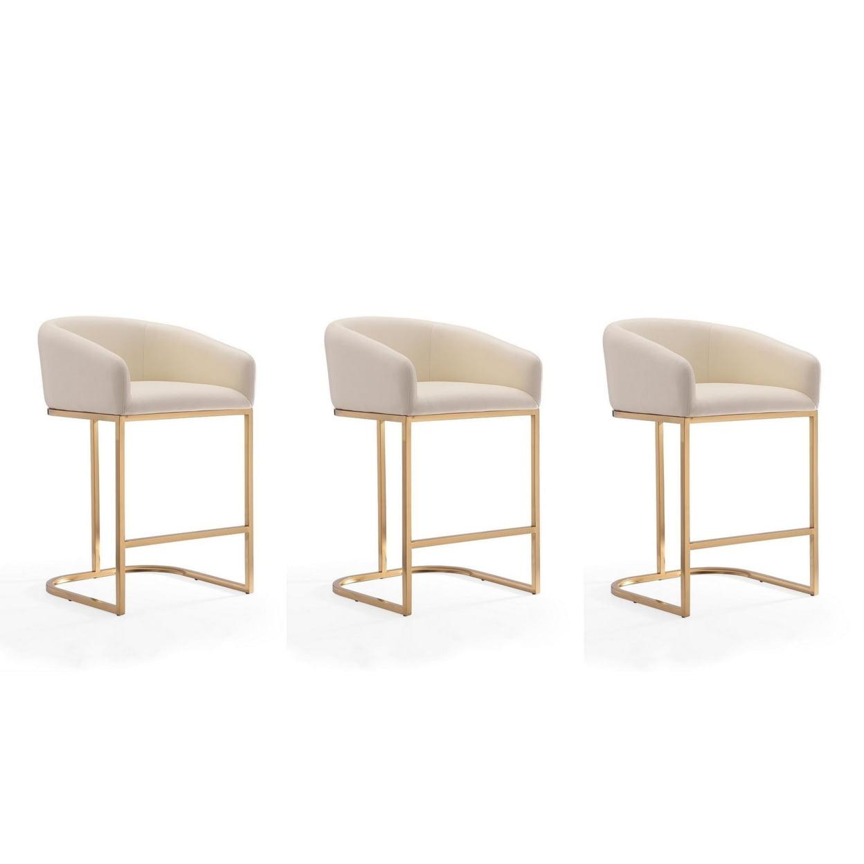 Elegant Mid-Century Cream Leather Bar Stool with Gold Pedestal Base, Set of 3