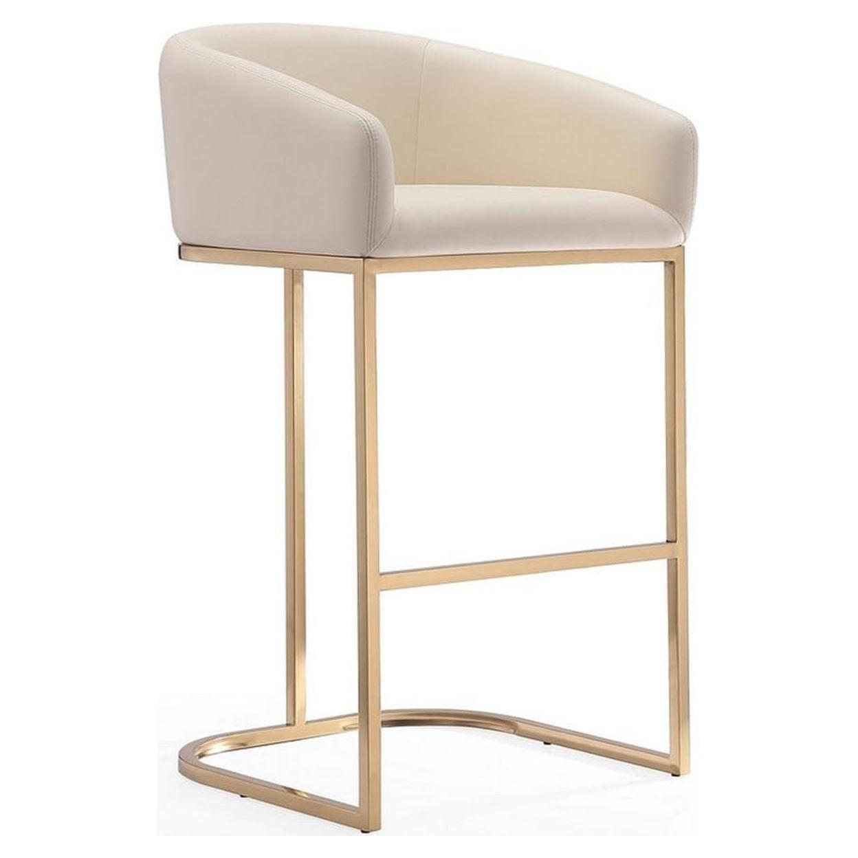 Mid-Century Modern Cream Faux Leather Barstool with Gold Geometric Base