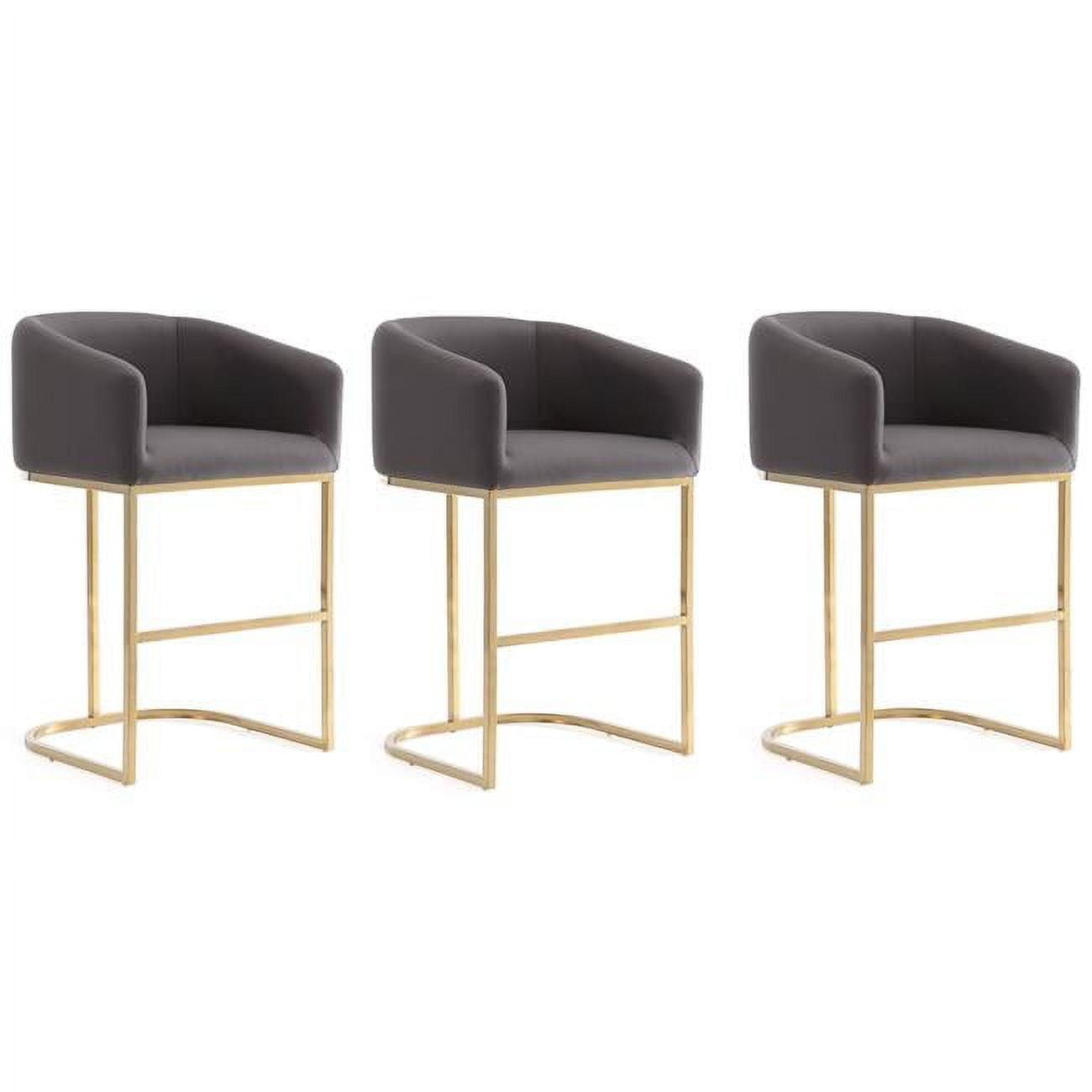 Manhattan Comfort Set of 3 Louvre Upholstered Stainless Steel Counter Height Barstools Gray: Faux Leather, Curved Back, Footrest