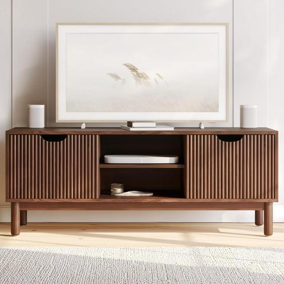 Stead Low Profile Fluted TV Stand - Mid Century Media Console - 48” Entertainment Center with Shelves and Doors, Walnut Finish