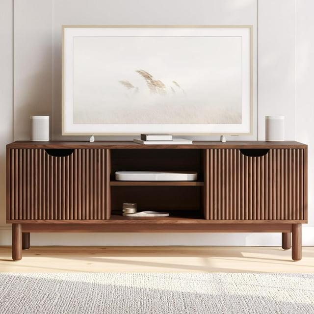 Stead Low Profile Fluted TV Stand - Mid Century Media Console - 48” Entertainment Center with Shelves and Doors, Walnut Finish