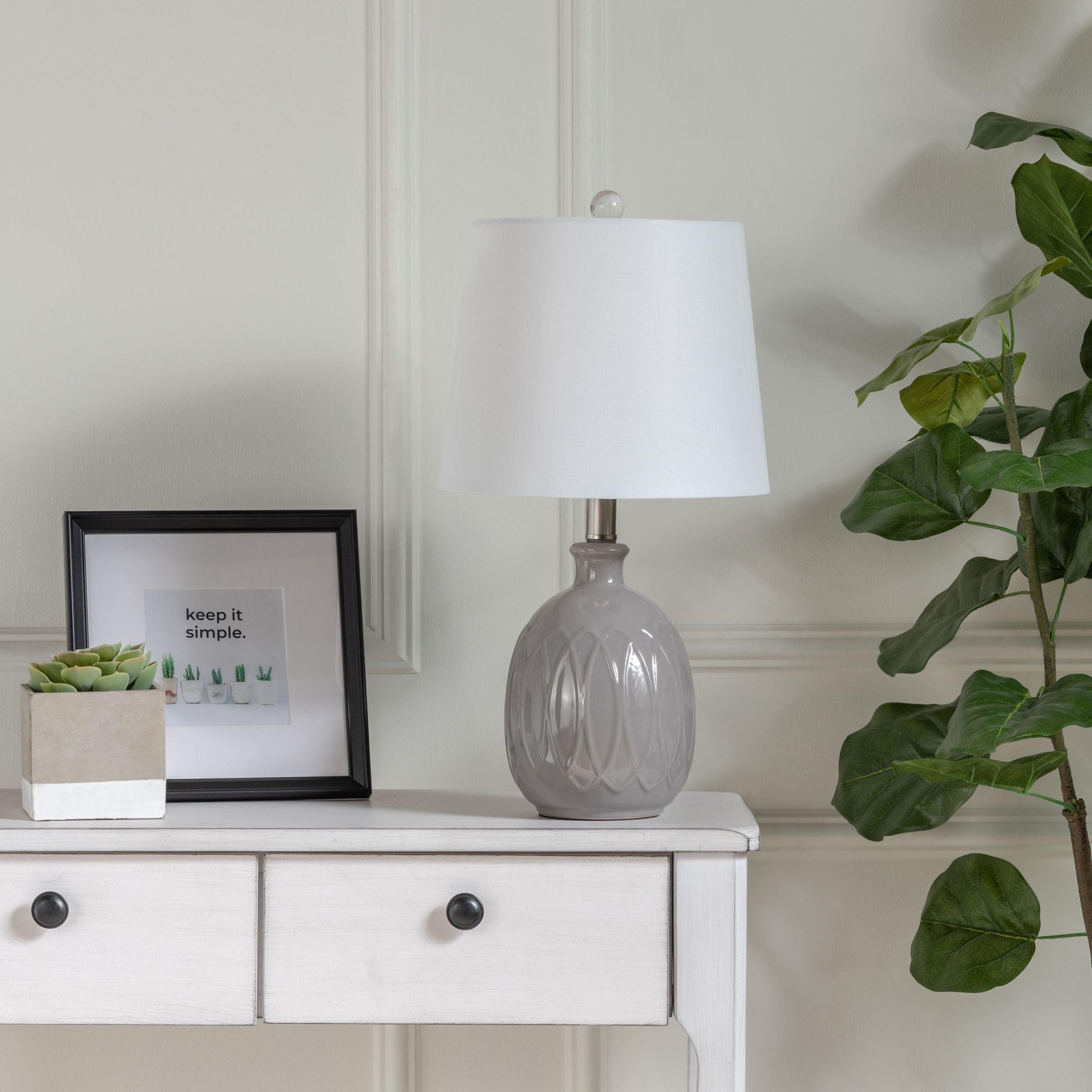 Gray Ceramic Gourd Table Lamp with White Linen Shade