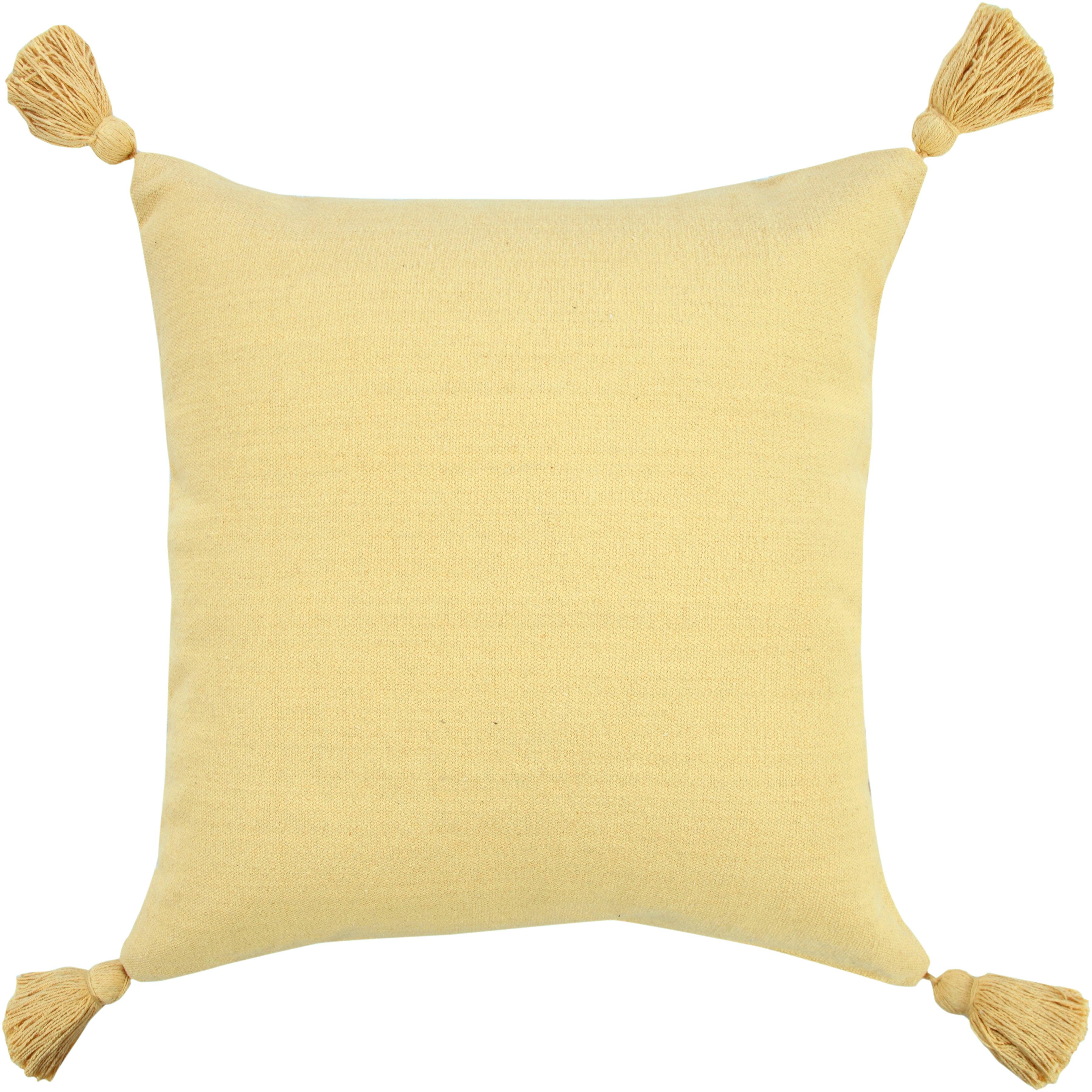 Yellow Cotton Square Throw Pillow with Tassels