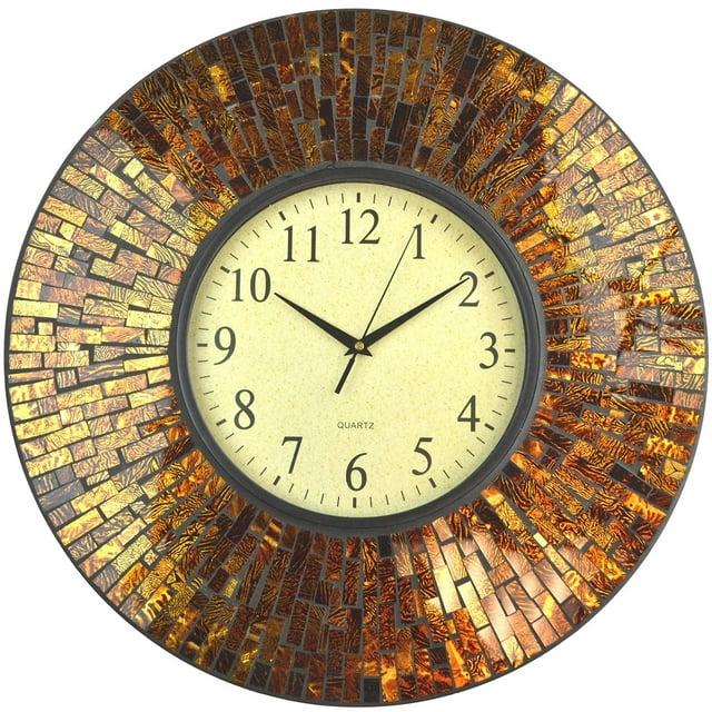 LuLu Decor, 19" Baltic Amber Mosaic Wall Clock with 9.5" Brown Arabic Glass Dial, 4.50" Mosaic Border, Silent Non-ticking Quartz, Perfect for Housewarming Gift