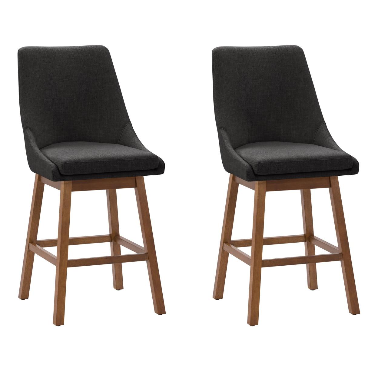 Luca Dark Gray Fabric Upholstered Counter Bar Stools with Brown Wood Legs - Set of 2