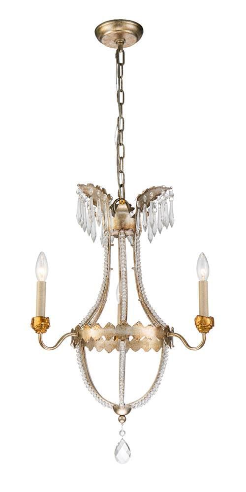Distressed Silver and Gold Mini Crystal 3-Light Chandelier
