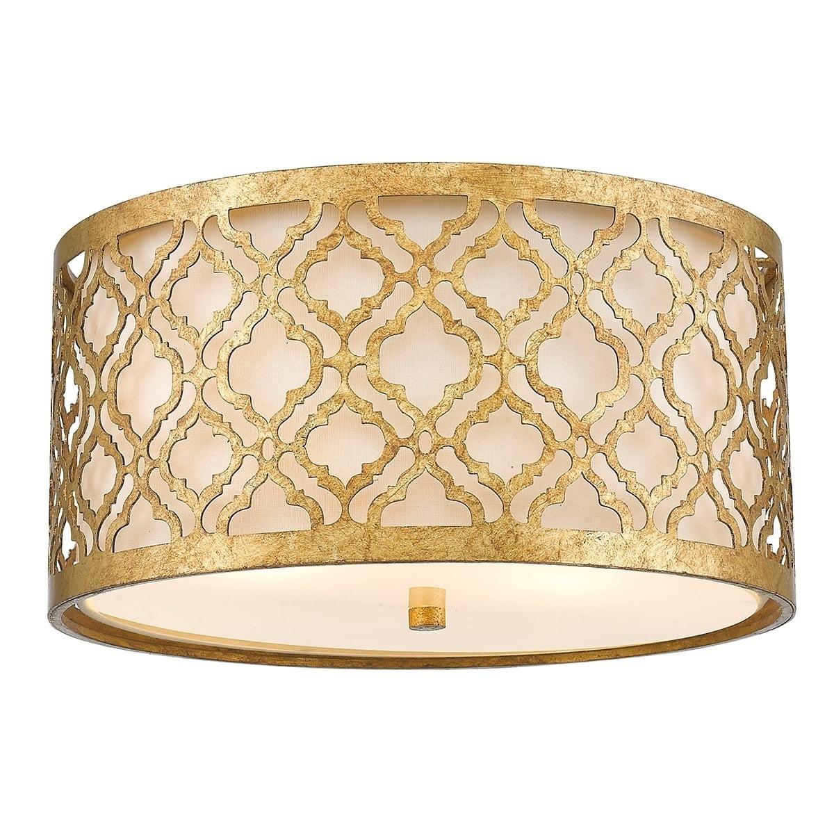 Distressed Gold 16" Drum Flush Mount with Fabric Shade
