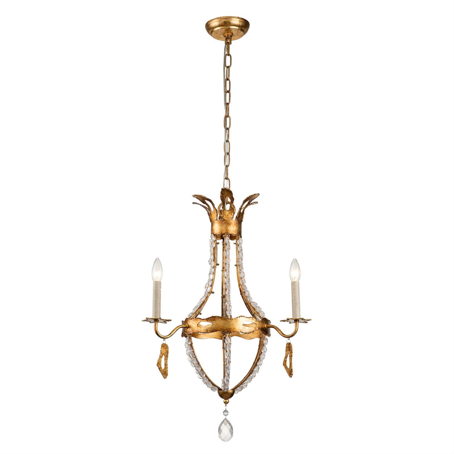 Mini Antique Gold Leaf 3-Light Crystal Candle Chandelier