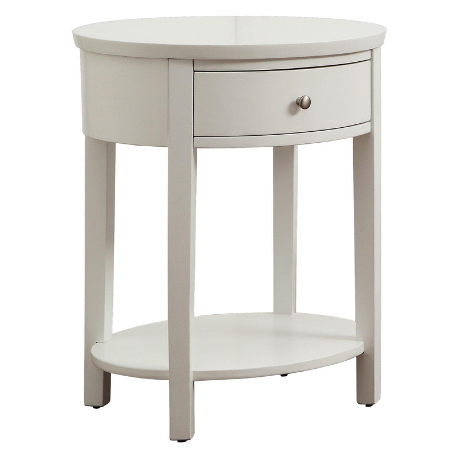 White Round Wood End Table with Drawer and Shelf