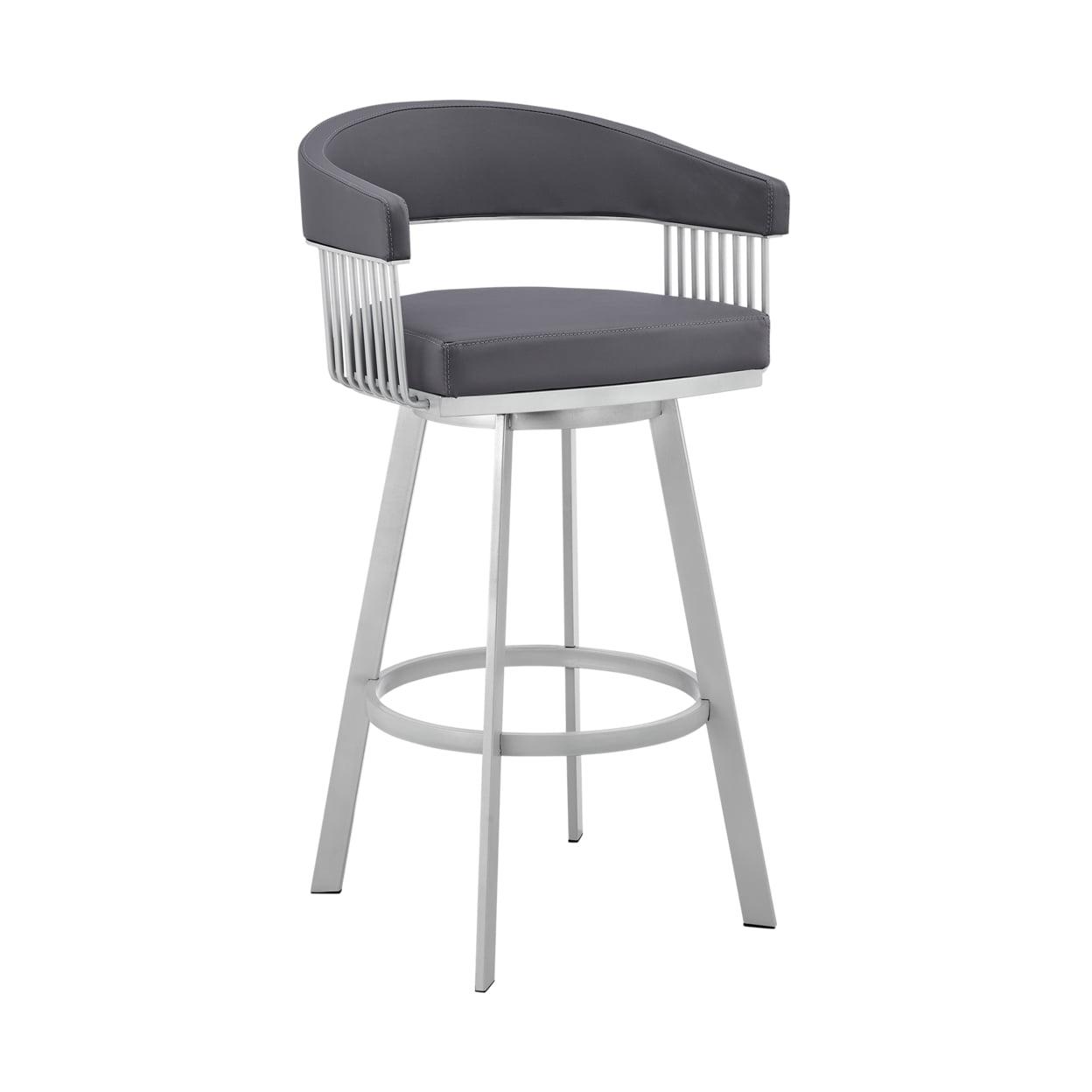 Luci 25 Inch Counter Height Stool, Swivel, Vegan Faux Leather, Gray, Silver- Saltoro Sherpi