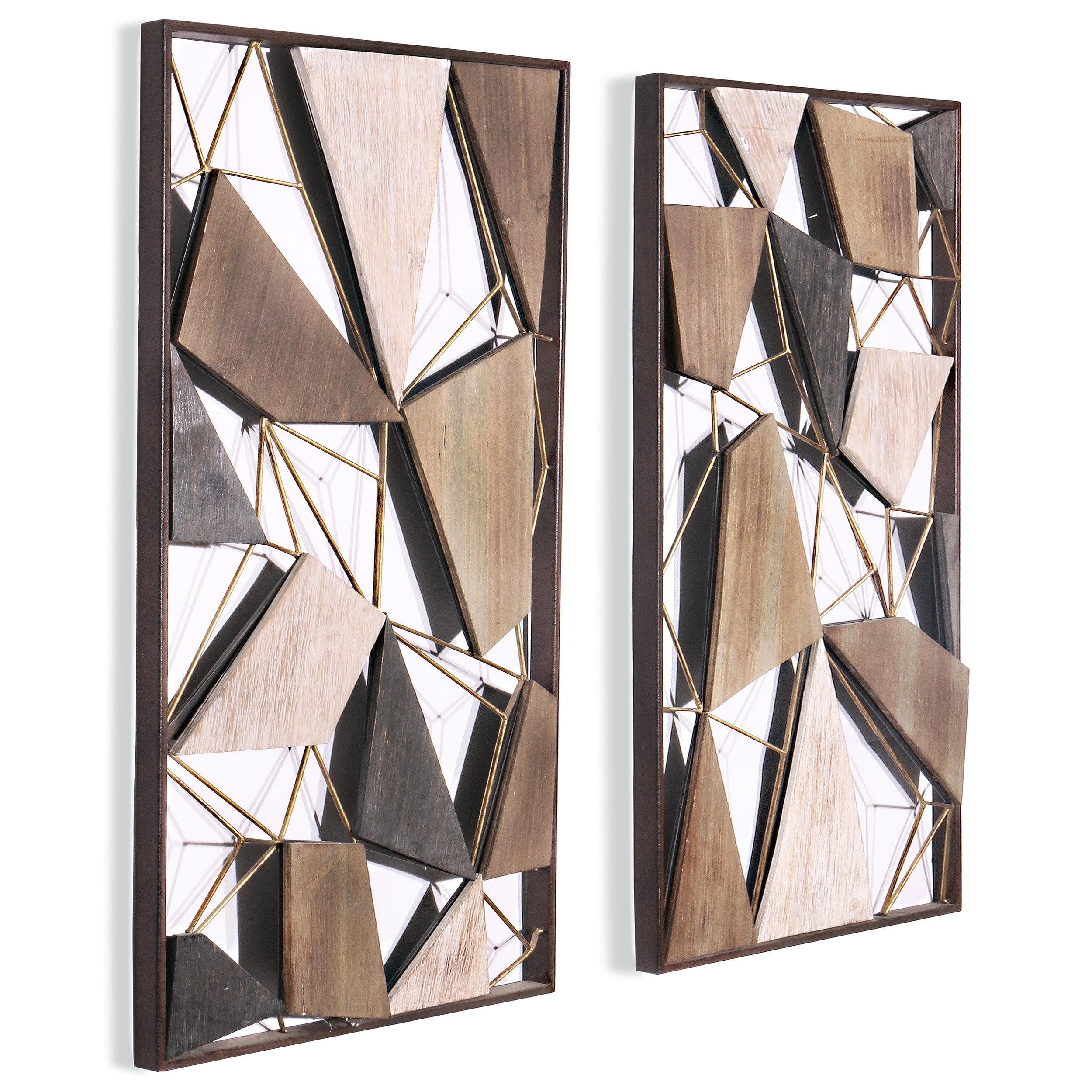 Geometric Industrial Gray and Natural Wood Wall Panels Set