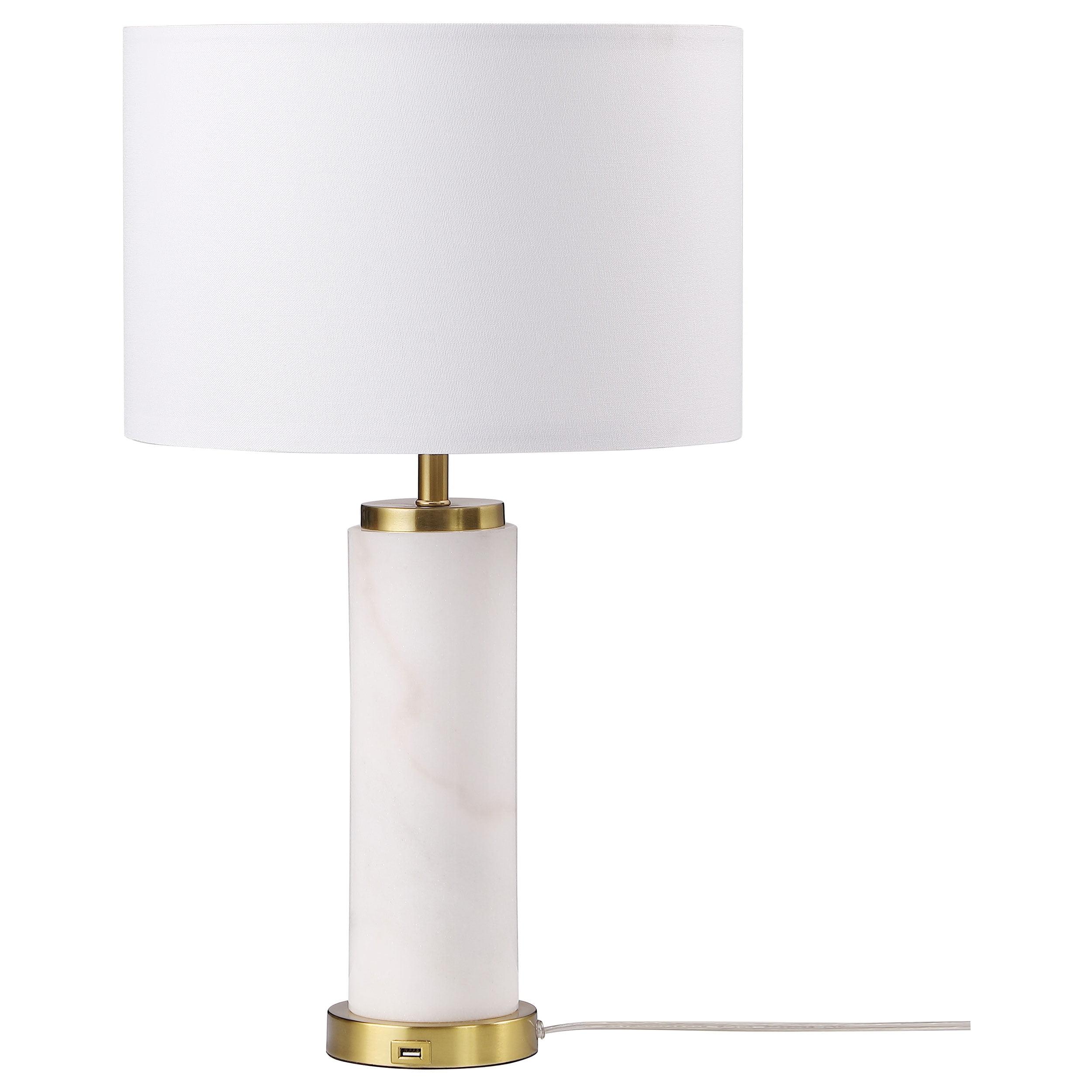 White Marble and Gold Drum Shade Table Lamp with USB Port