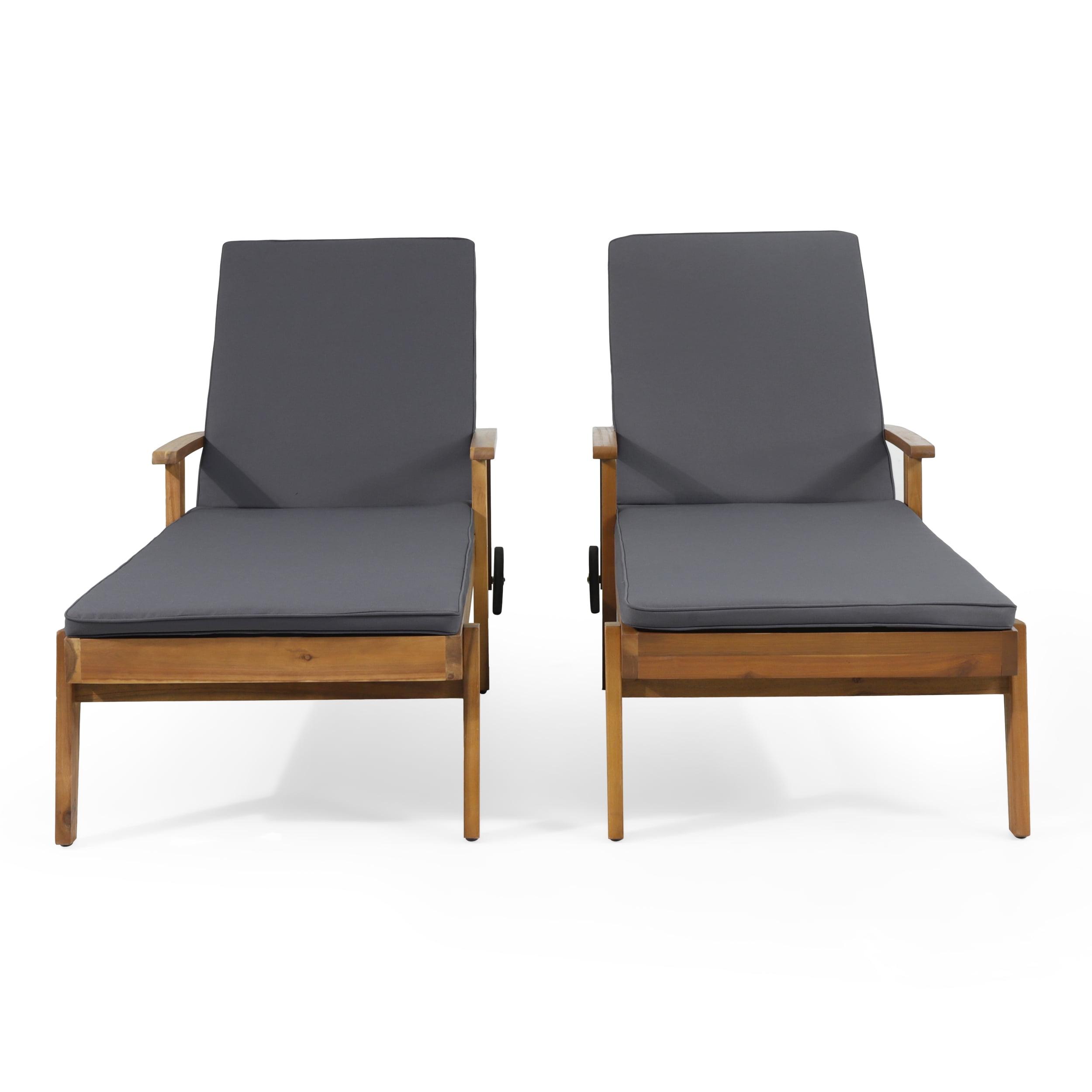 Senia Acacia Wood Outdoor Chaise Lounge with Water Resistant Cushion, Set of 2, Teak and Dark Gray