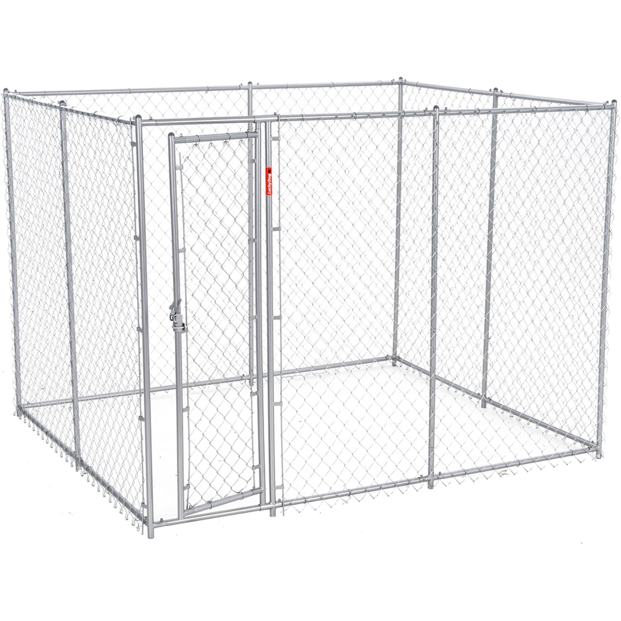 Lucky Dog Adjustable Heavy Duty Outdoor Galvanized Steel Chain Link Dog Kennel Enclosure with Latching Door, and Raised Legs