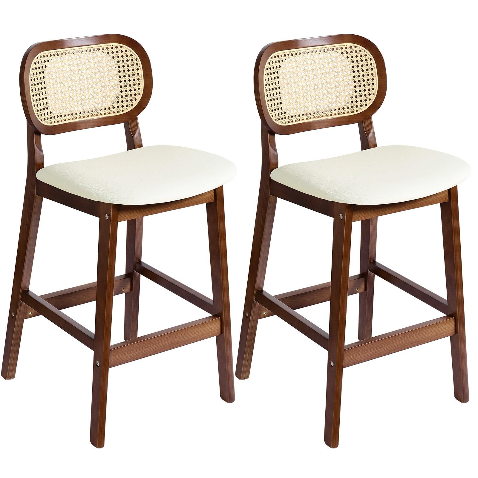 Lucky Monet Wood Upholstered Counter Height Bar Stools with Rattan Back - 36.81"H x 17.72"W x 18.7"D Set of 2 - White Faux Leather/ Brown Frame