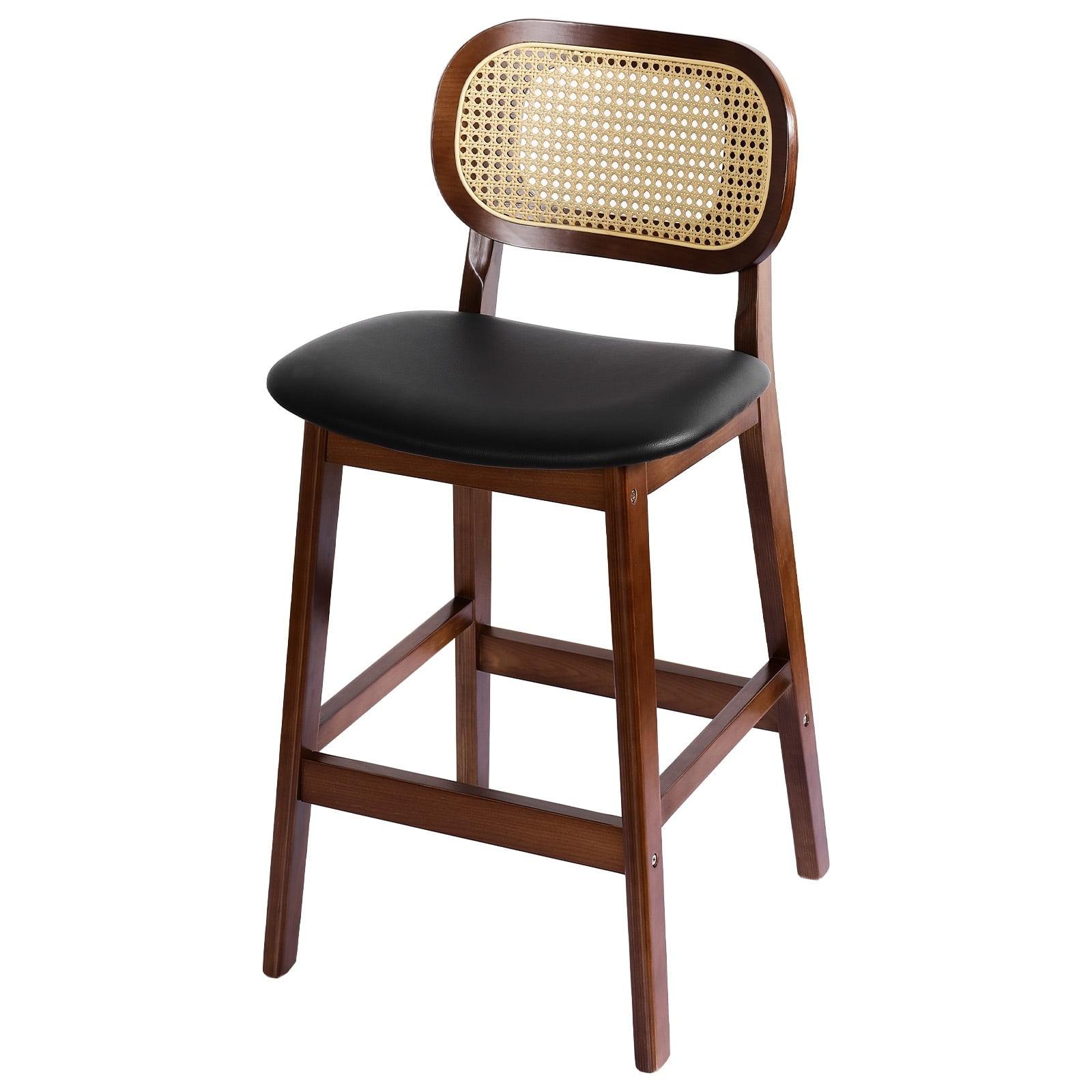 Lucky Monet Wood Upholstered Counter Height Bar Stools with Rattan Back - 36.81"H x 17.72"W x 18.7"D Single - Black Faux Leather/ Brown Frame