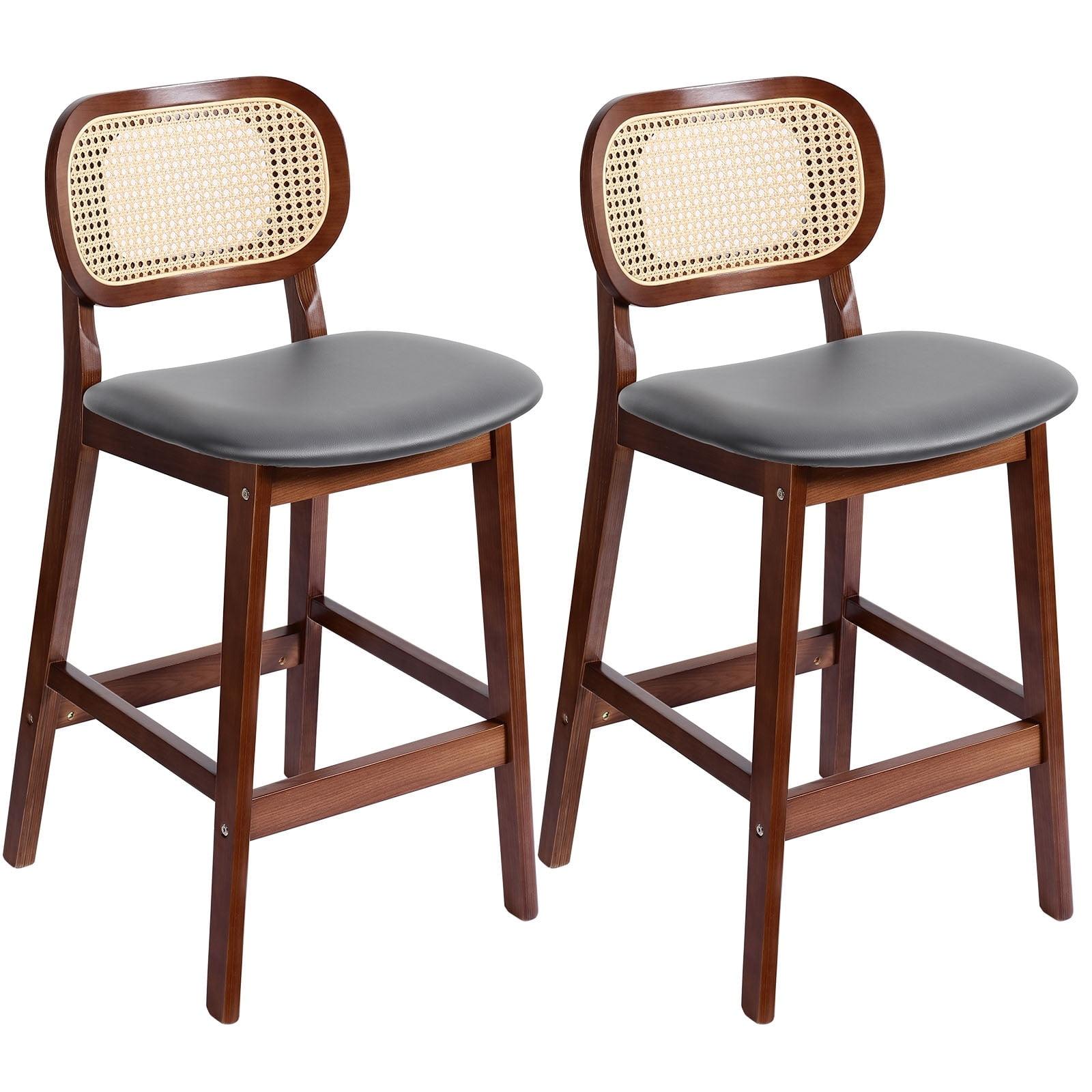 Lucky Monet 25.2" Upholstered Wood Counter Height Bar Stools w/ Rattan Back - 17.72"W x 18.7"D x 36.81"H Set of 2 - PU Grey--Brown Frame