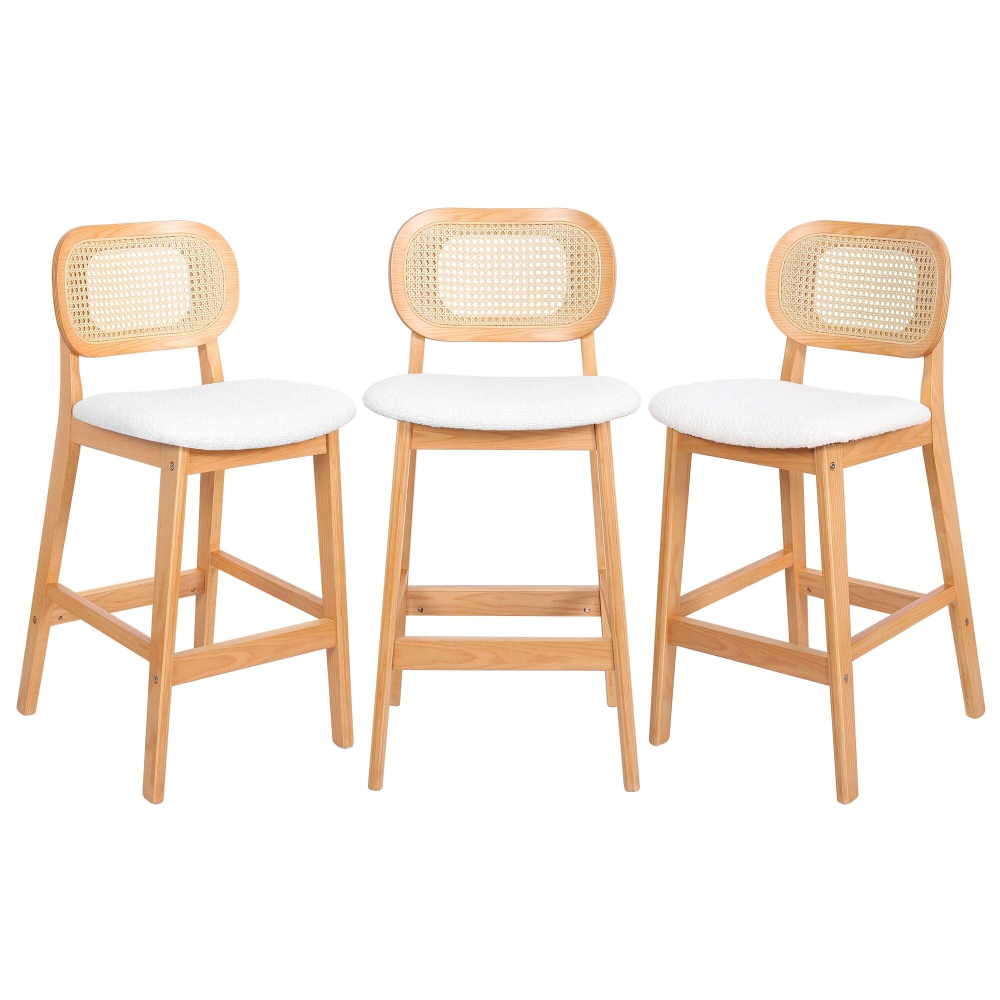 Lucky Monet 25.2" Upholstered Wood Counter Height Bar Stools w/ Rattan Back - 36.81"H x 17.72"W x 18.7"D Set of 3 - White Boucle Fabric/ Natural Frame