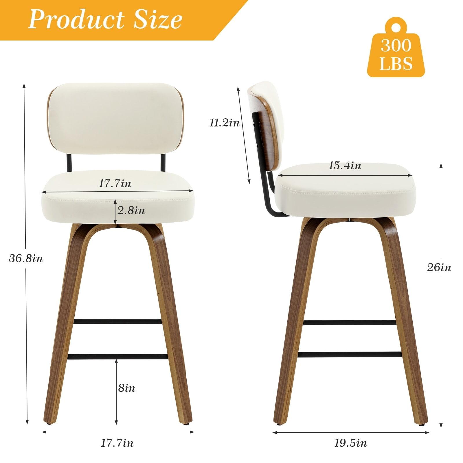 Lucky Monet 26"/29" Swivel Bar Stools/ Counter Stools with Bentwood Legs Set of 2 - Cream White-PU Back - Counter Height