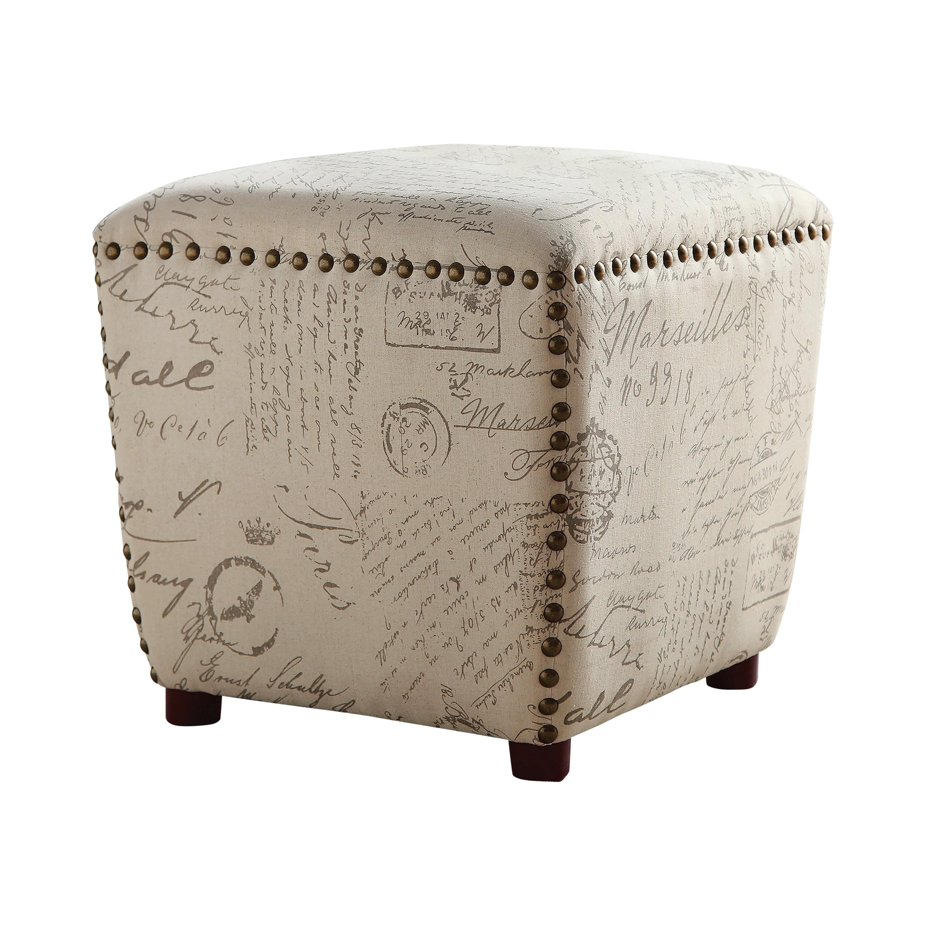 Lucy Gray and White Upholstered Ottoman with Nailhead Trim